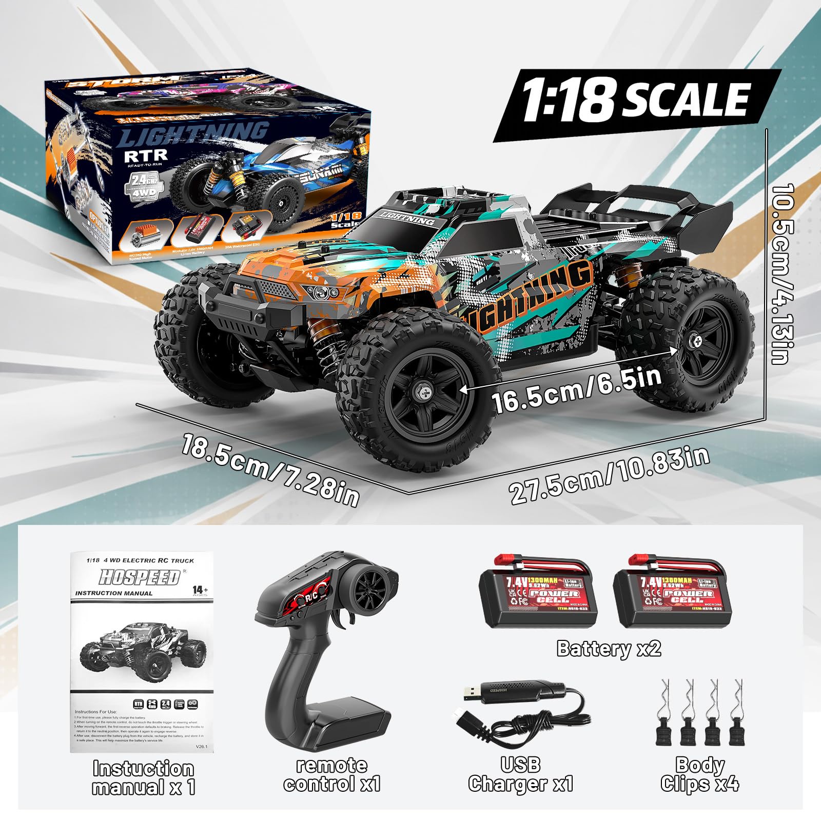 Coche Teledirigido 1:18 4WD 40 km/h Todoterreno 4x4, Coche Radiocontrol con 2 Baterías 7.4V 1300mAh, ESC Impermeable 2.4GHz, Doble Carrocería, Transmisión Metálica para Niños y Adultos