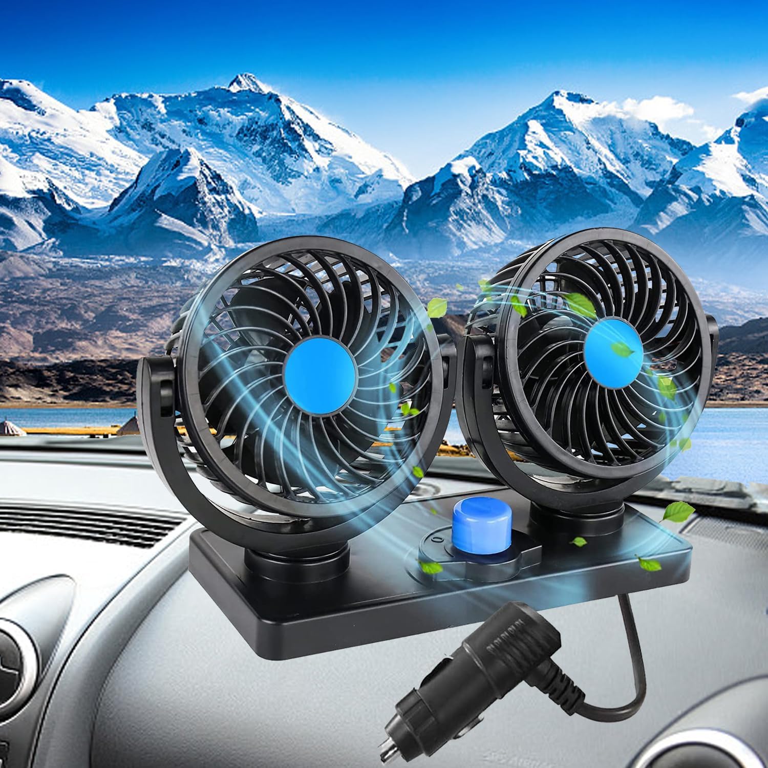 Auto Ventilator, 12V Doppelkopf Ventilator Auto 360 Grad drehbar mit 2 Geschwindigkeiten Doppellüfter Geeignet für 12Volt Autos, LKWs, SUV