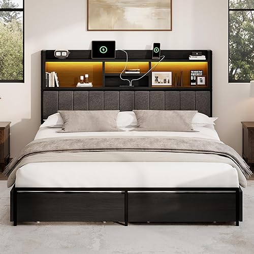 Miniatura 9 de Base de cama King con 6 cajones de almacenamiento, cabecera tapizada de lino, estación de carga USB integrada e iluminación LED, soporte de metal