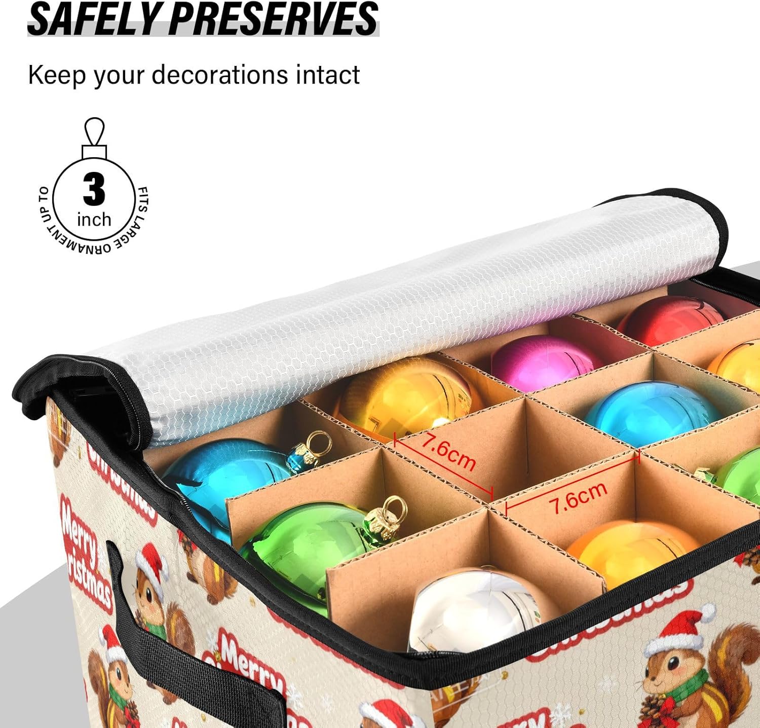 High Capacity Christmas ornament storage Holds Up to 64, Adjustable Dividers, Zippered Top, Two Handles foldable Holiday Storage Case with Lid,Merry Christmas Brown Squirrel
