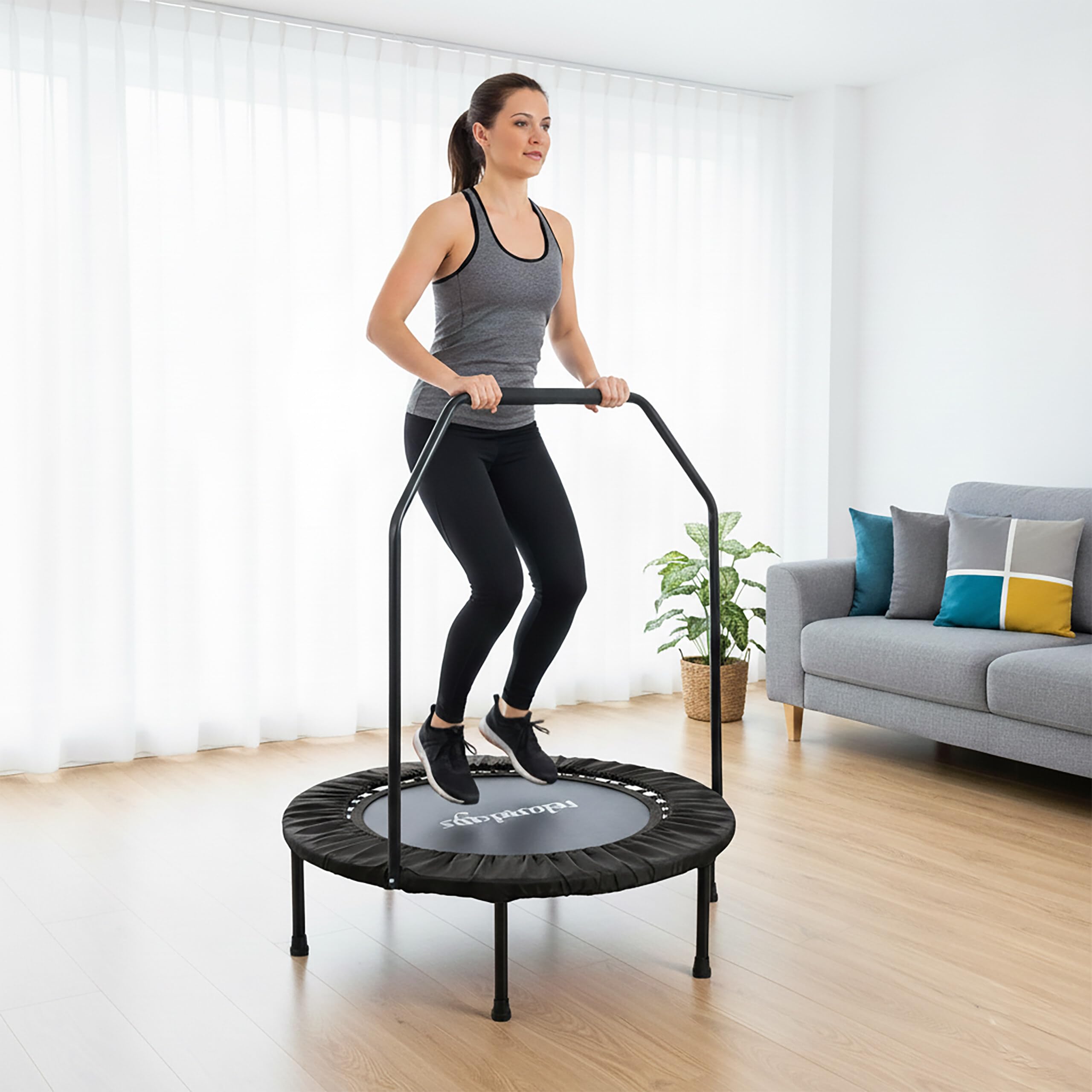 Trampolín Relaxdays con Barra, Ø 102 cm, minitrampolín Plegable hasta 120 kg, para Interiores, Colores a Elegir