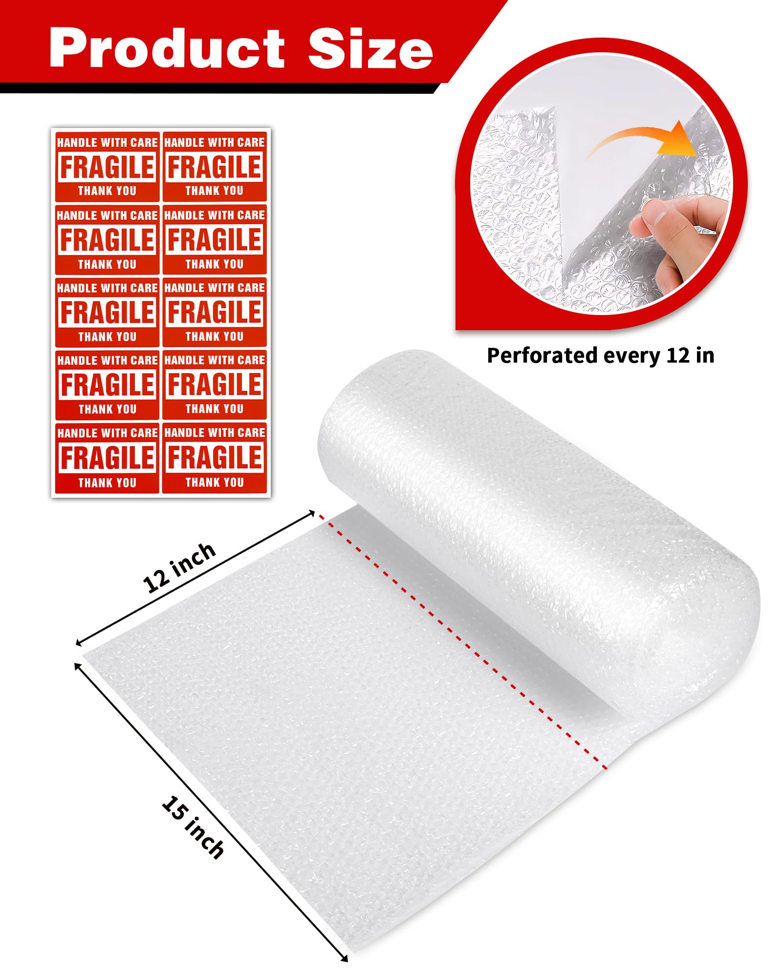 Paquete de 2 rollos de envoltura acolchada de burbujas, 3/16 pulgadas x 15 pulgadas x 72 pies en total [2 rollos de 36 pies], perforados de 12 pulgadas, 20 calcomanías frágiles para envío, embalaje