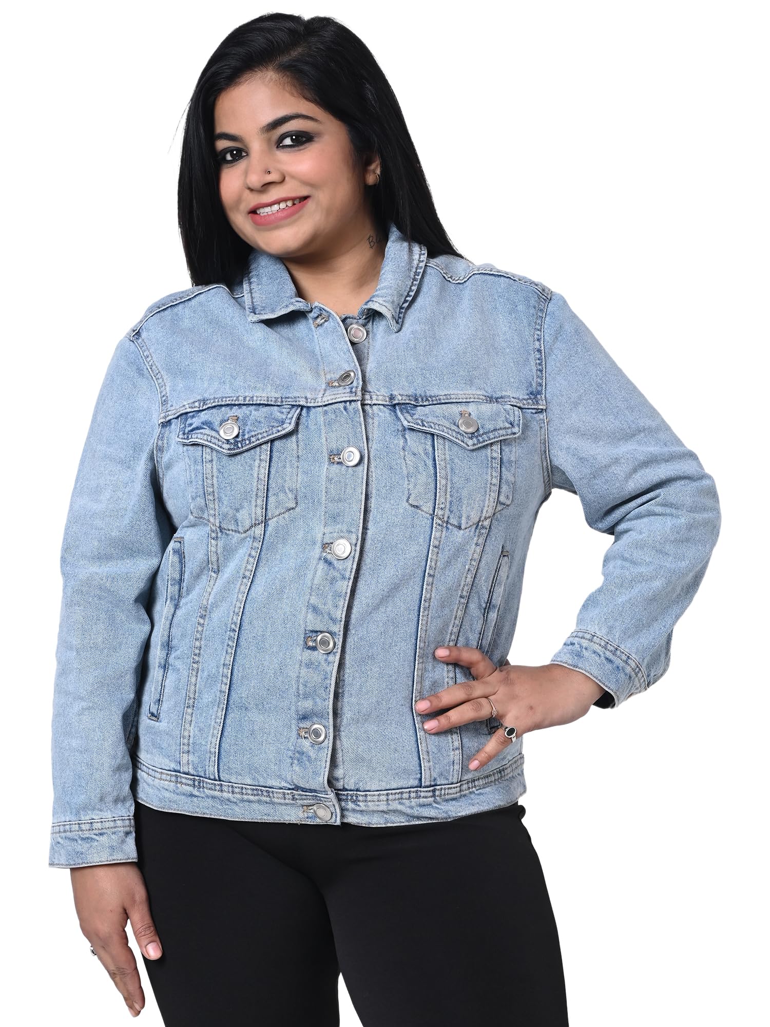 happening Plus Size Women Regular Fit Soft Denim Waist Length Jacket - Faded Light Blue Color - Non Stretch Fabric- Bust Size (L) 40 to (5XL) 50 inches-picture-17