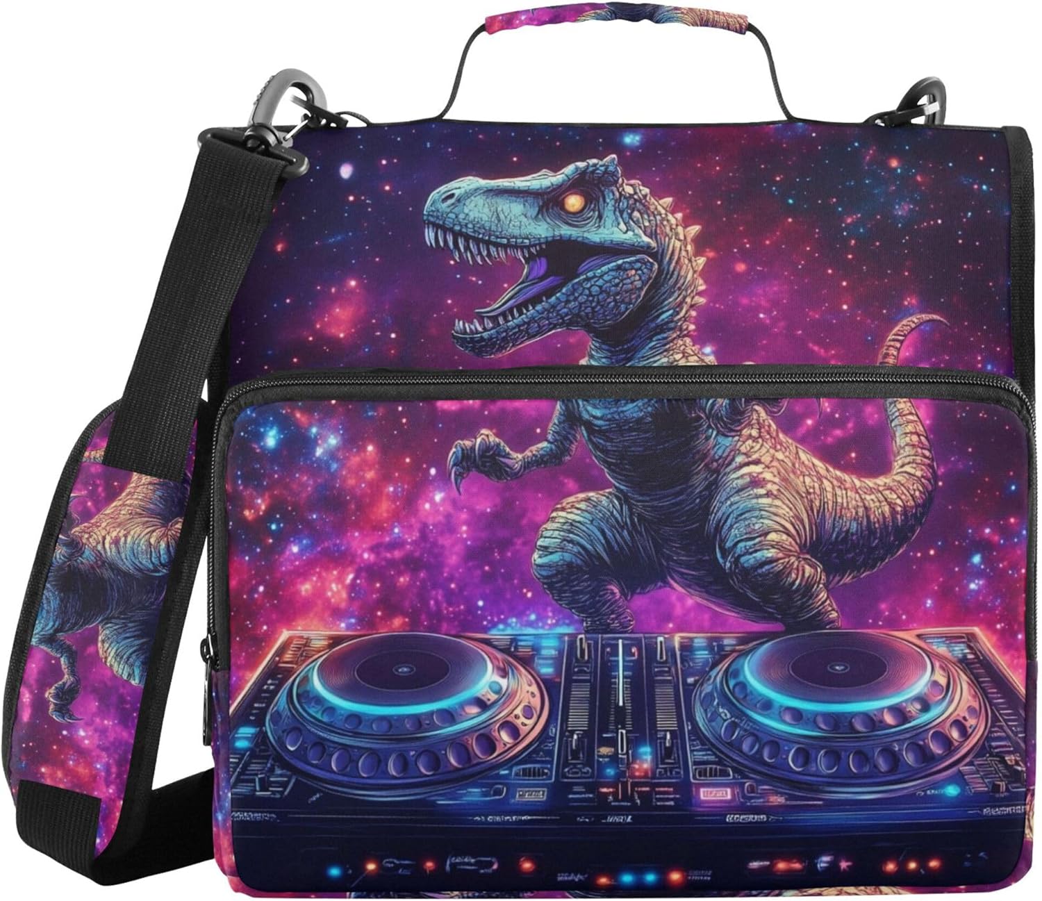 Dinosaur Music Galaxy Zipper Binder Bag, 1.5 inch 3 Ring Binder File Organizer with Handle and Shoulder Strap, Multi-Pocket, 500 Sheet Capacity