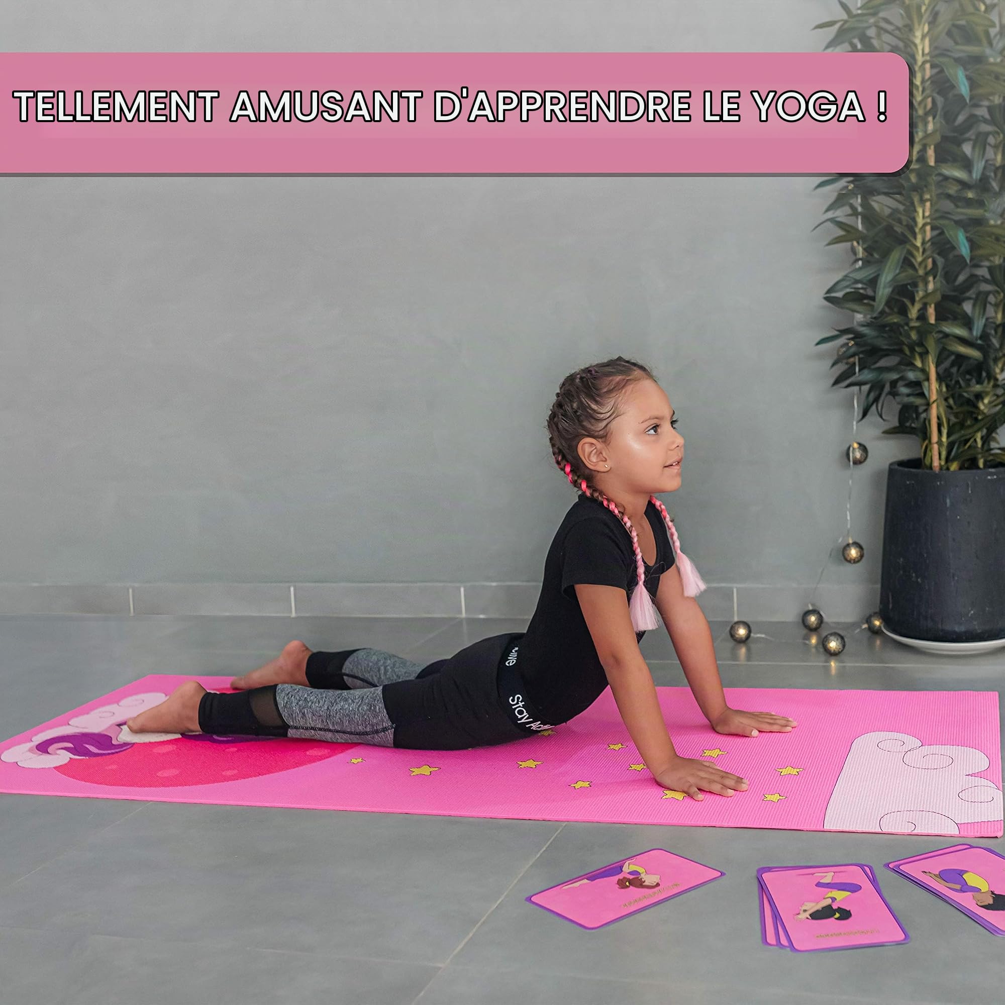 Set Tapis Yoga Enfant - Tapis de Yoga pour Filles et Garçons - sans Produits Chimiques - Non Toxique – Antidérapant - avec 12 Cartes de Yoga et Un Sac Portable