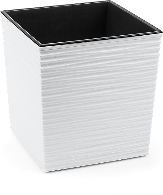 Gordanluk , Modern Square Textured Flowerpot with internal liner , Plant pot , Indoor, Outdoor, Garden , Basket , Strong , Plastic , Home decorations , Planters , Balcony (White, 30 x 30 x 31cm)