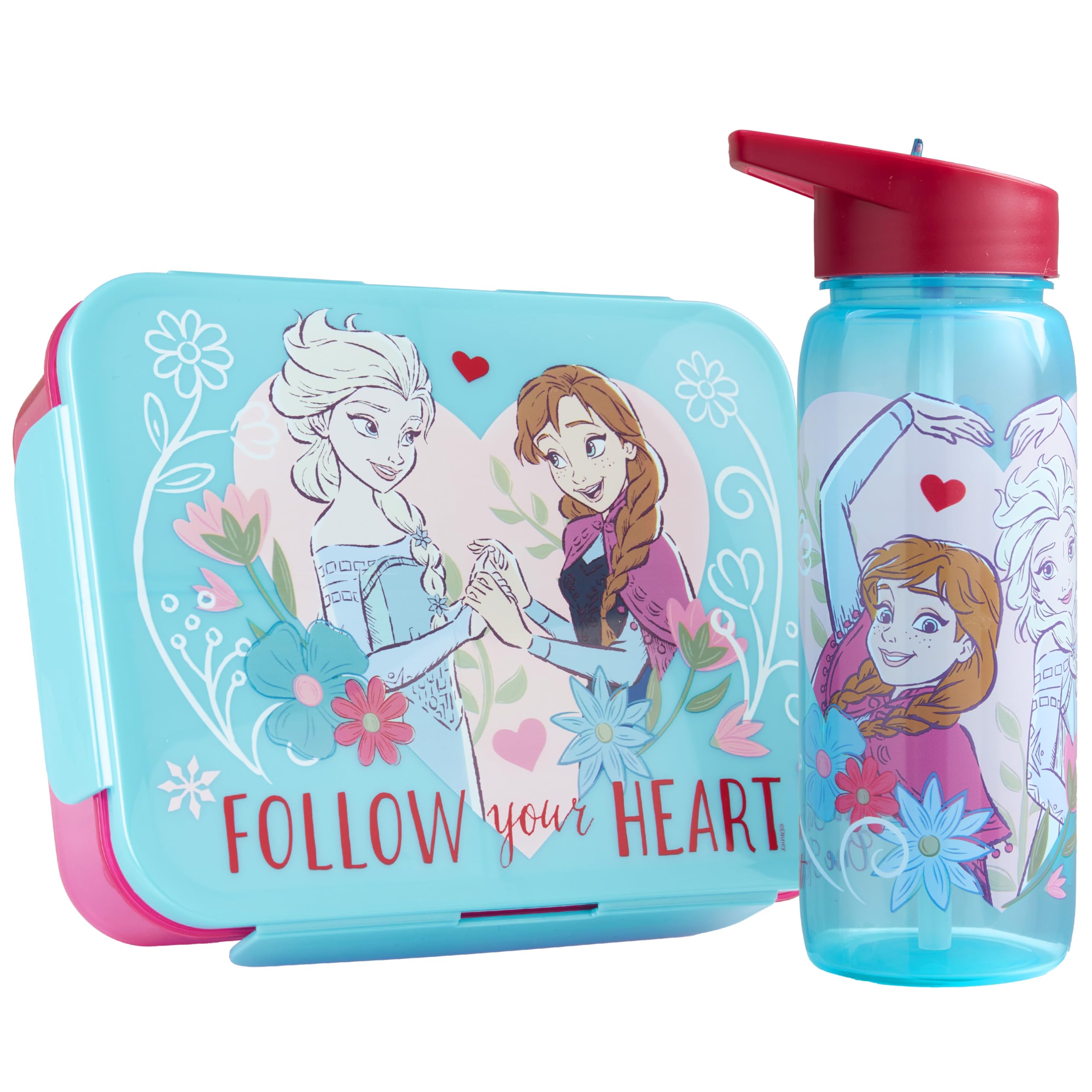 Get Trend Disney Frozen Kids Bento Lunch Box and 640ml Water Bottle Set, BPA-Free Snack Lunch Box with Compartment Set for School, Travel & Picnics, School Supplies Gifts for Girls (Turquoise Frozen)