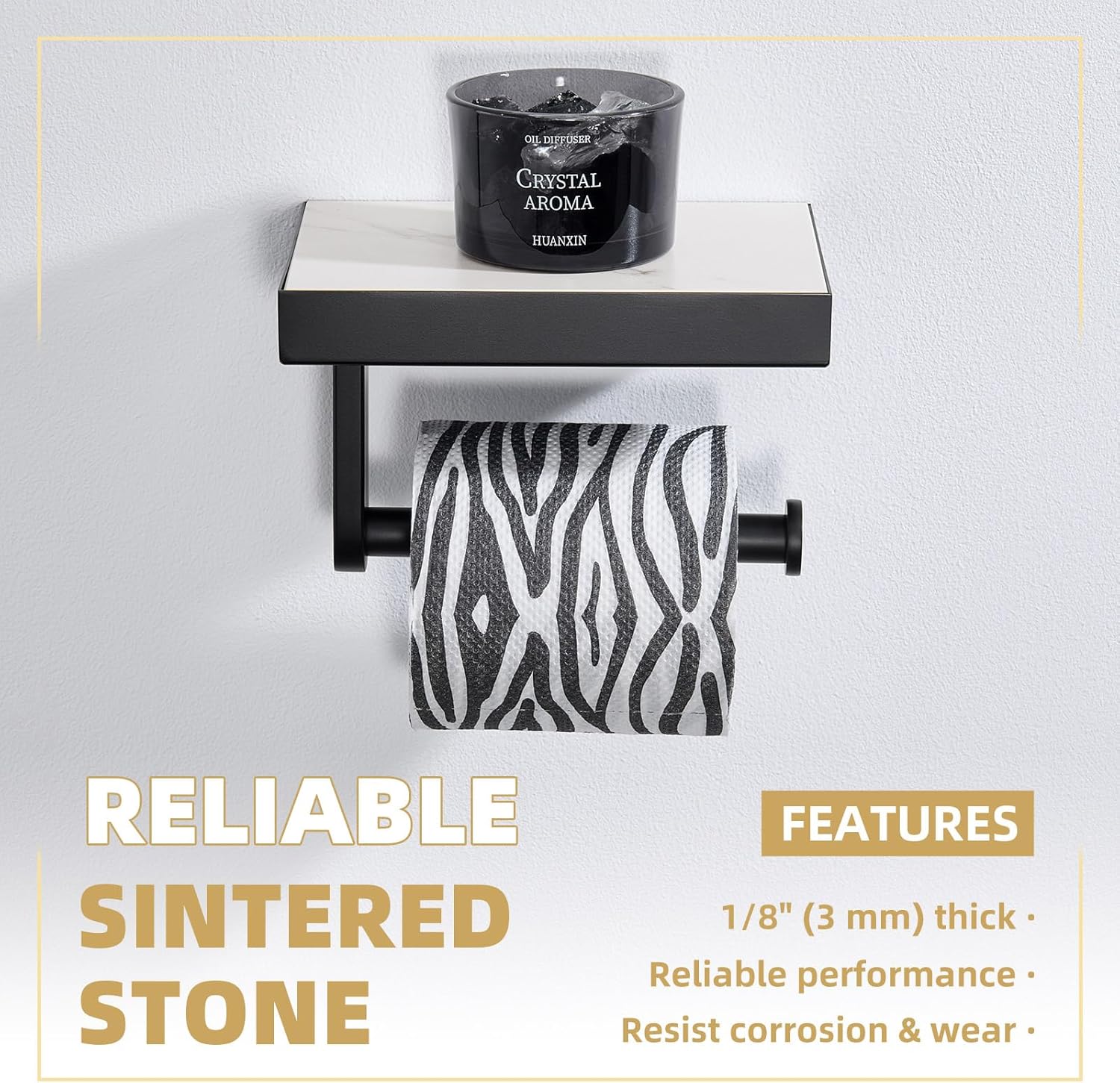 Sintered Stone Toilet Paper Holder with Shelf Matte Black, APLusee Stainless Steel Paper Holder with Phone Shelf Wall Mounted