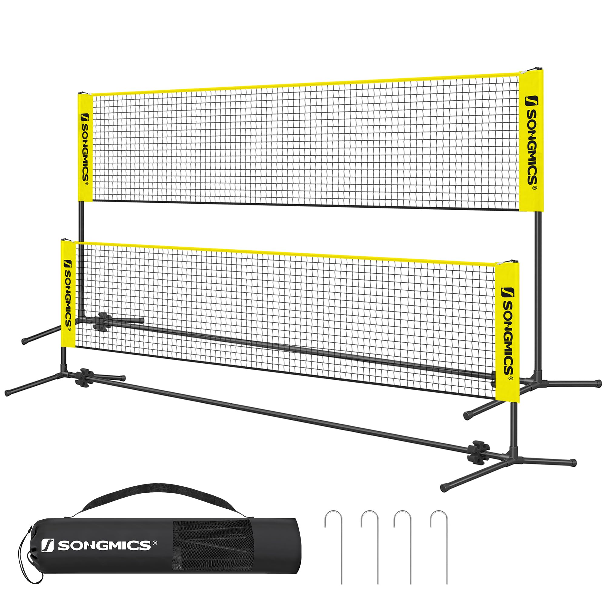 SONGMICS 13 ft Badminton Net, Height Adjustable Volleyball Net, Pickleball Net with Poles, Foldable Nylon Net for Tennis Indoor Outdoor Court, Yellow and Black USYQ400Y
