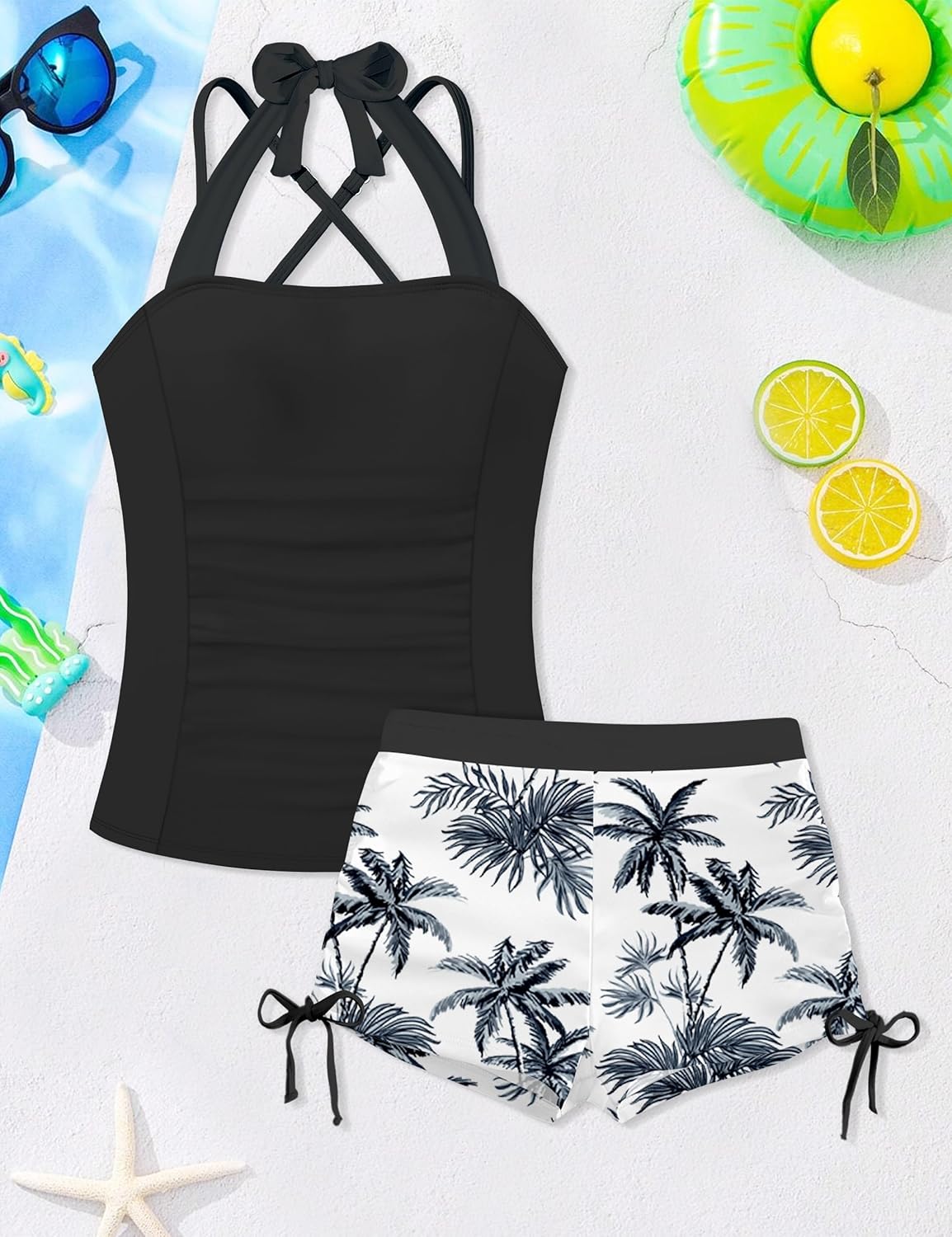 Girls Swimsuit 2 Piece Halterneck Tankinis with Back Cross Straps Drawstring Shorts Girls Bathing Suit for Teens 9-18Y