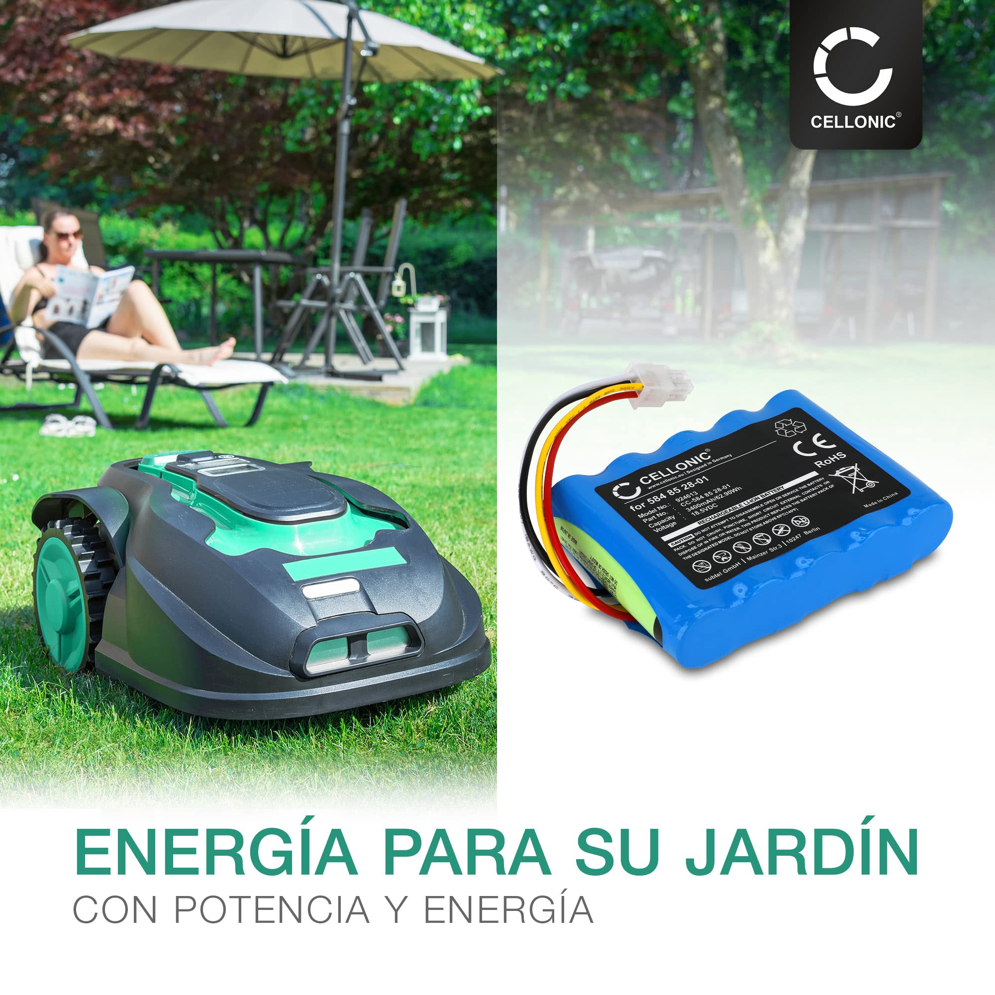 CELLONIC 1x Batería para Jardín Compatible con Gardena Sileno, Compatible con Husqvarna R100Li, R100Lic, 589586201 - (3400mAh, 18.5V)
