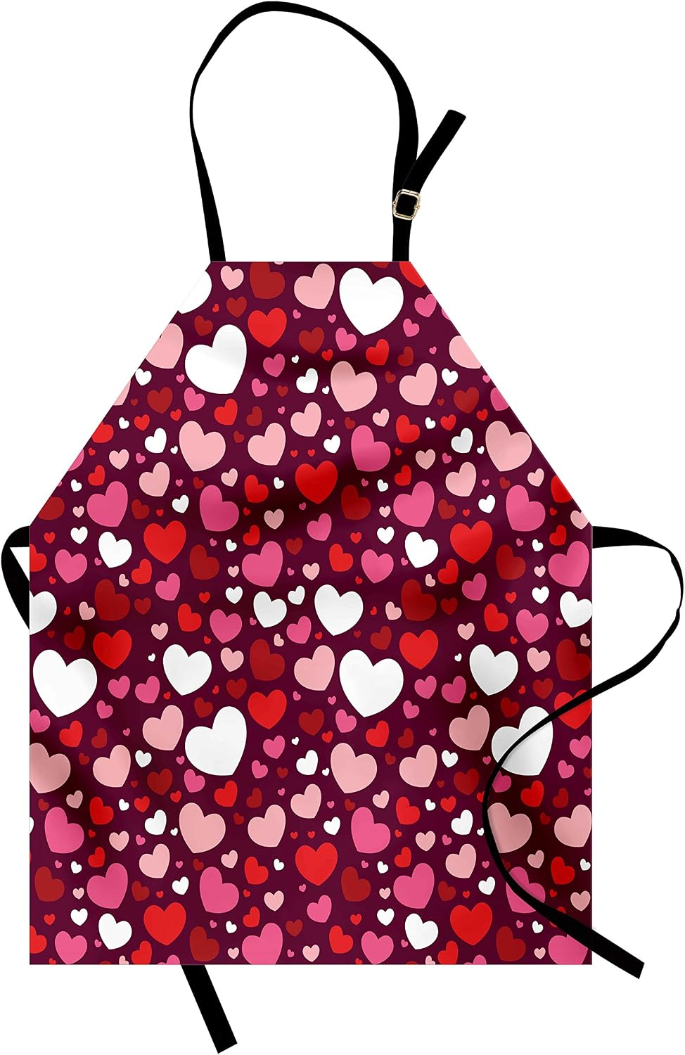 Lunarable Hearts Apron, Ornate Vibrant Toned Hearts Pattern Love Themed Valentines Day Inspired Image, Unisex Kitchen Bib with Adjustable Neck for Cooking Gardening, Adult Size, Maroon Pink