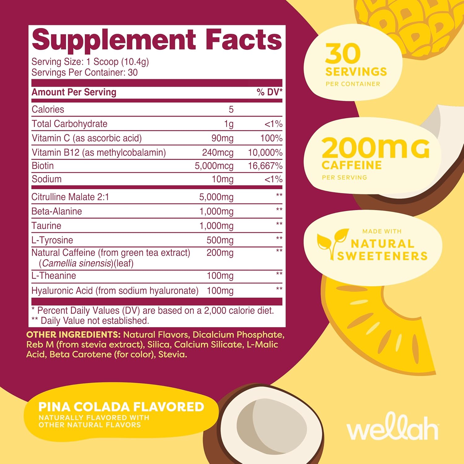 Wellah Get-Going Pre-Workout Drink Mix (Pina Colada Flavored, 30 Servings) - with Citrulline Malate and L-Theanine, 200mg of Natural Caffeine & 1000mg of Beta-Alanine - Image 2