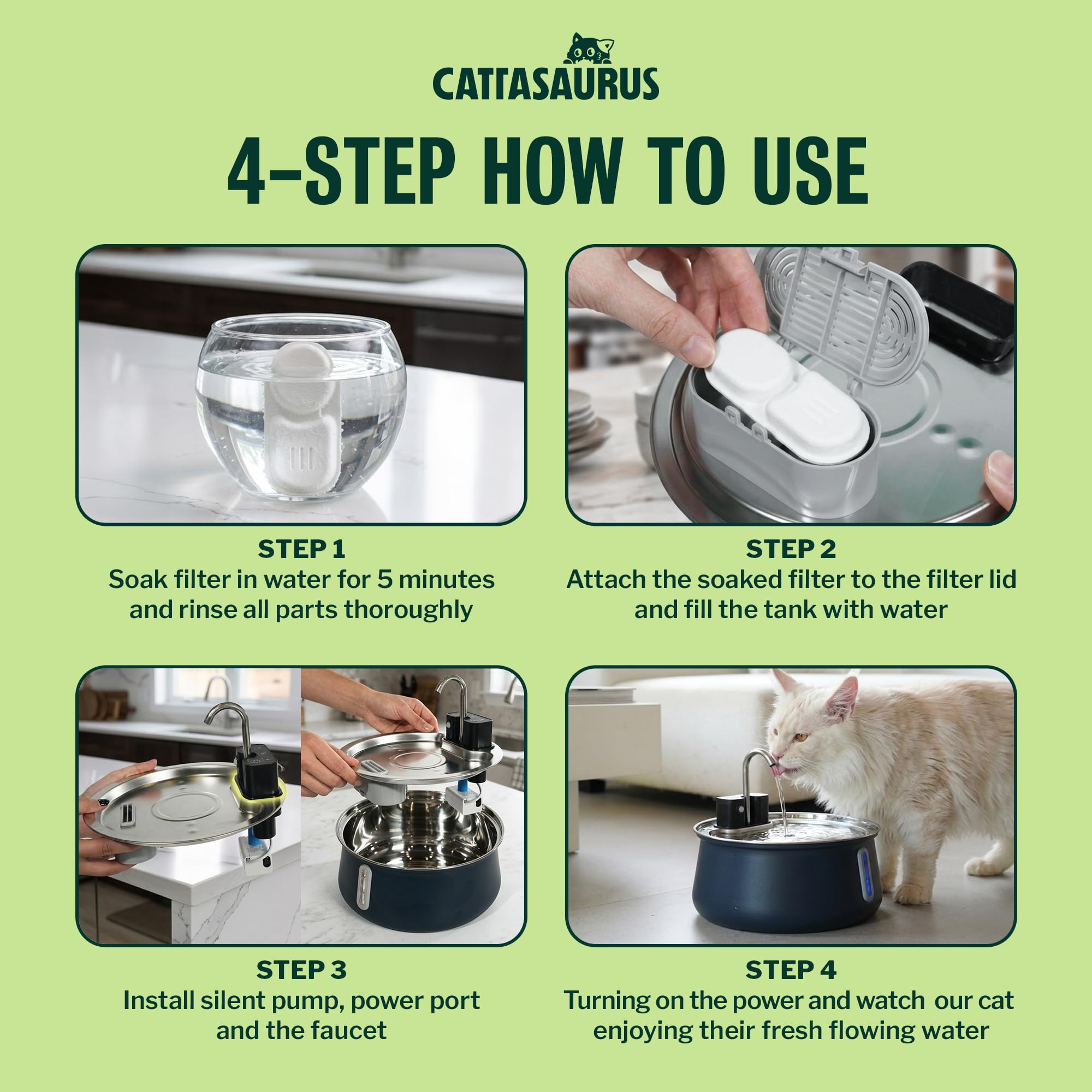 Cattasaurus Fontana d'acqua wireless per gatti in acciaio inossidabile 304, fontana automatica da 4 litri (caffè, fontana + 14 filtri (fornitura per 3 mesi)
