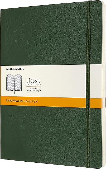 Moleskine Classic Ruled Paper Notebook - Soft Cover and Elastic Closure Journal - Color Myrtle Green - X- Large 19 x 25 A4 - 192 Pages