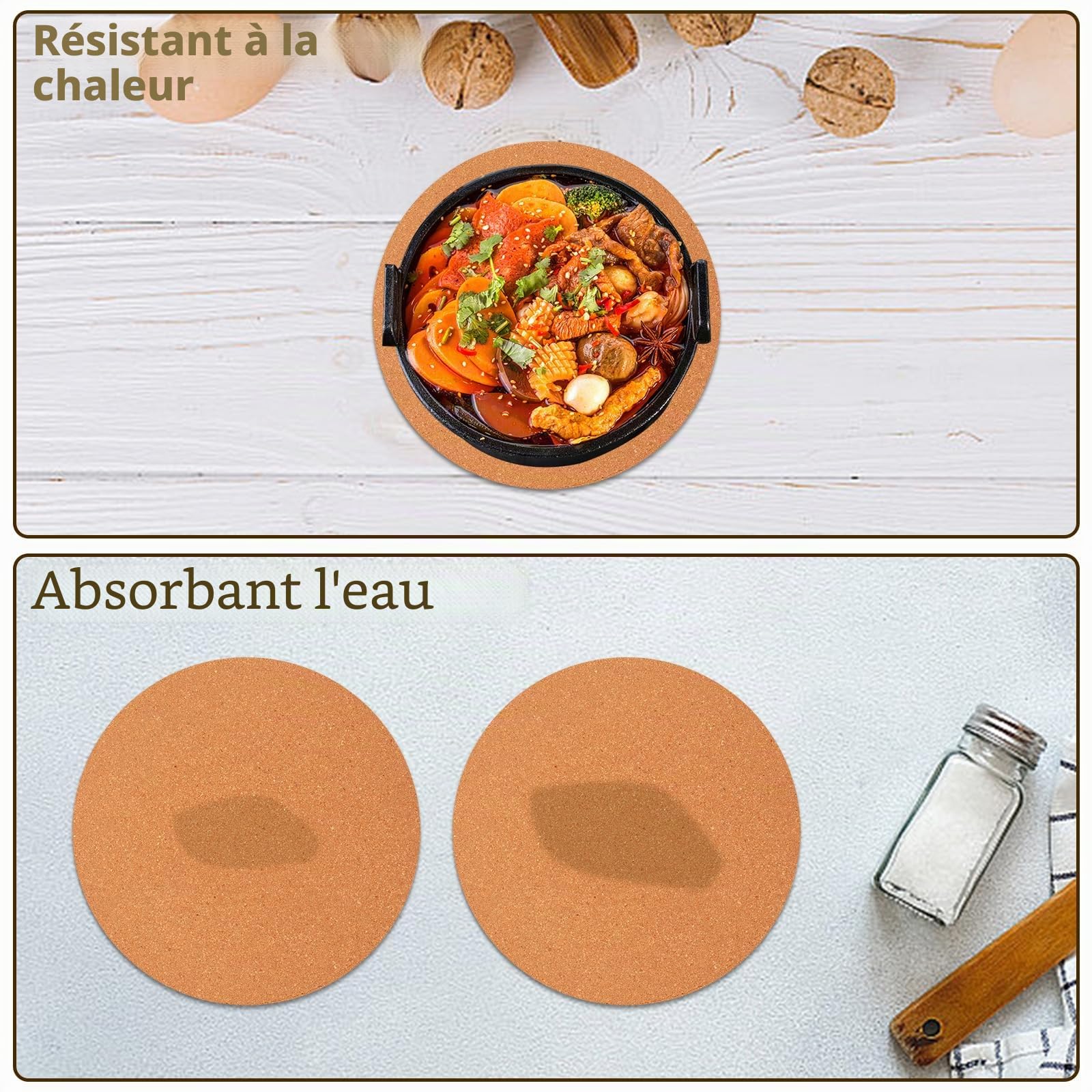 Lot de 6 Dessous de Plat en Liège Rond 19cm, Épaisseur 10mm, sous Plat en Liège Naturel pour Plats Chauds et Casseroles, Protection de Table Durable et Isolante