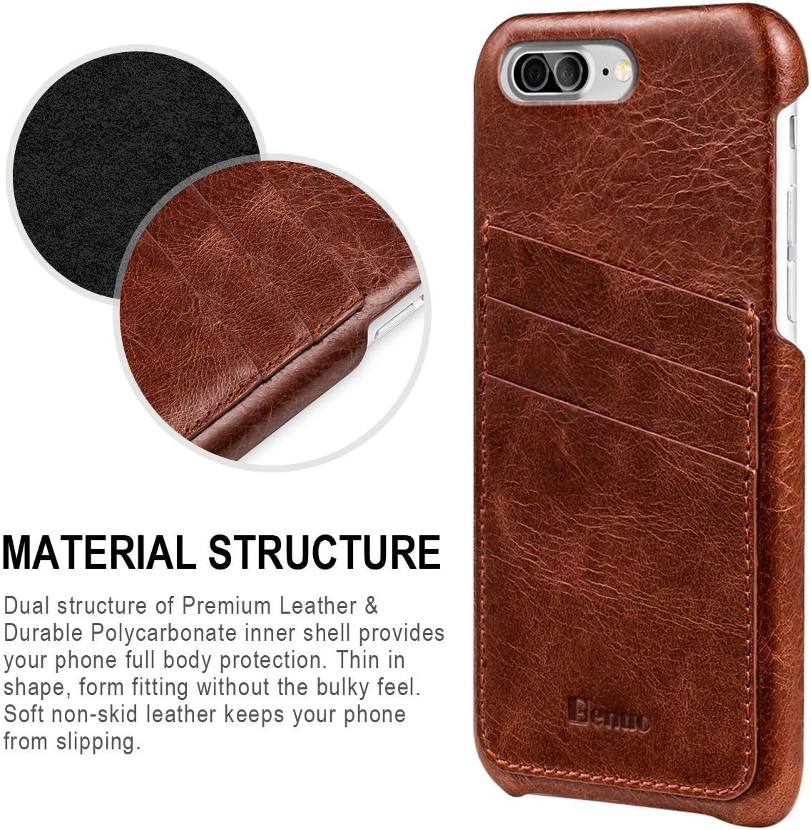 iPhone 8 Plus Case, iPhone 7 Plus Case, Benuo[Card Slot Vintage Series] Premium Genuine Leather Card Case,3 Card Slots, Ultra Slim, Soft Leather Cover for iPhone 8 Plus/7 Plus 5.5 inch (Stylish Brown)