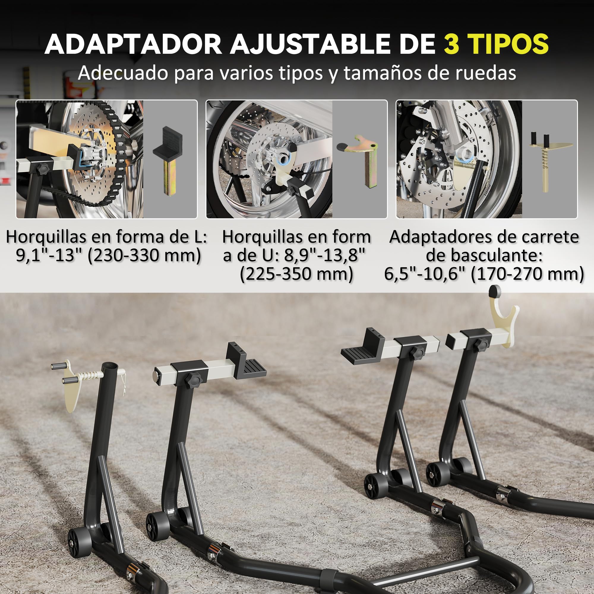 HOMCOM Caballete de Moto, Carga 390 kg, Soporte Delantero y Trasero Universal, Elevador de Moto de Acero con Horquillas Ajustables en U+L, Ruedas y Clips de Sujeción, Negro