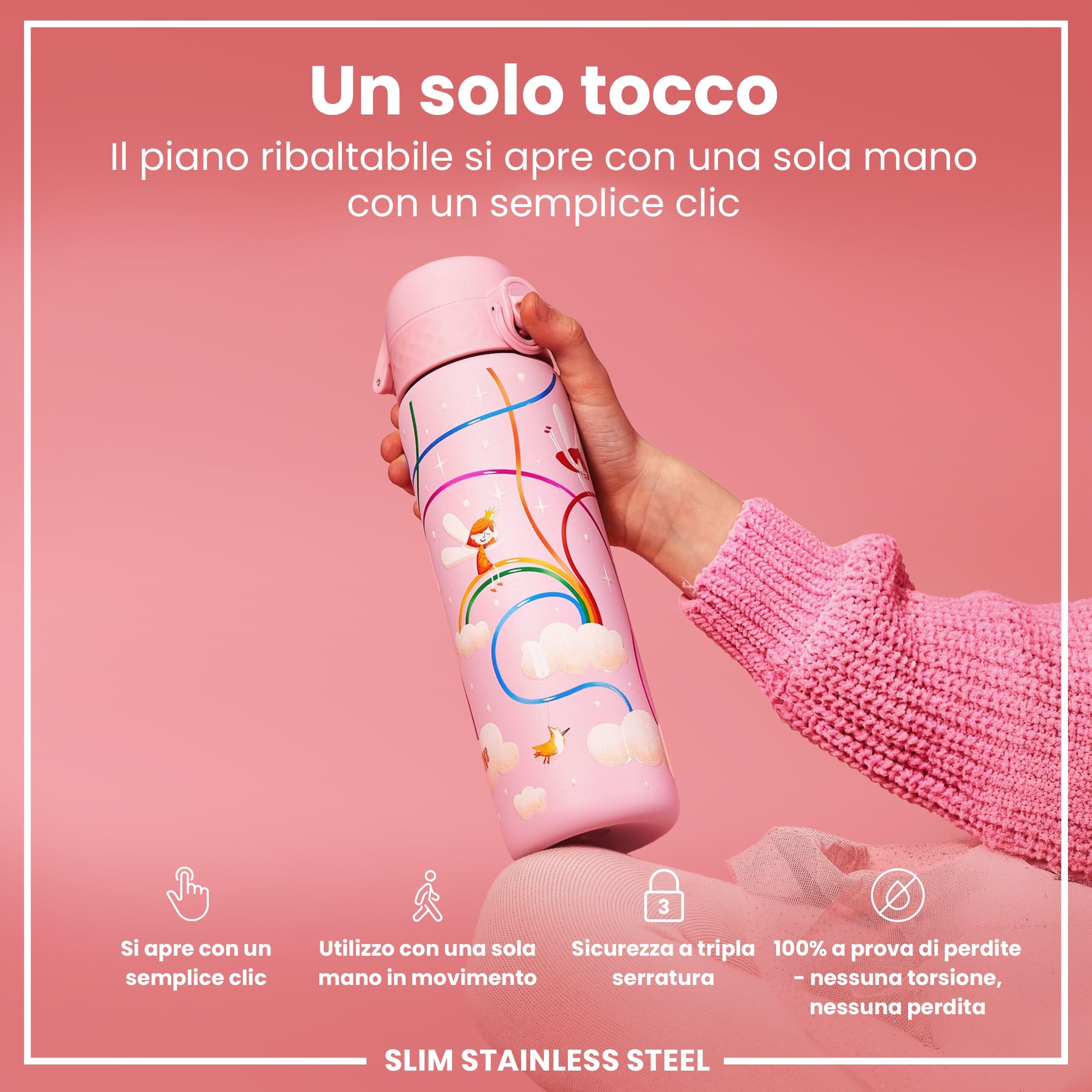 Ion8 Borraccia Inox Leggero, 600ml, Non Isolato, a Prova di Perdite, Facile da Aprire, Serratura Sicura, Lavabile in Lavastoviglie, Adatta a Portabicchieri, Durevole, Fate