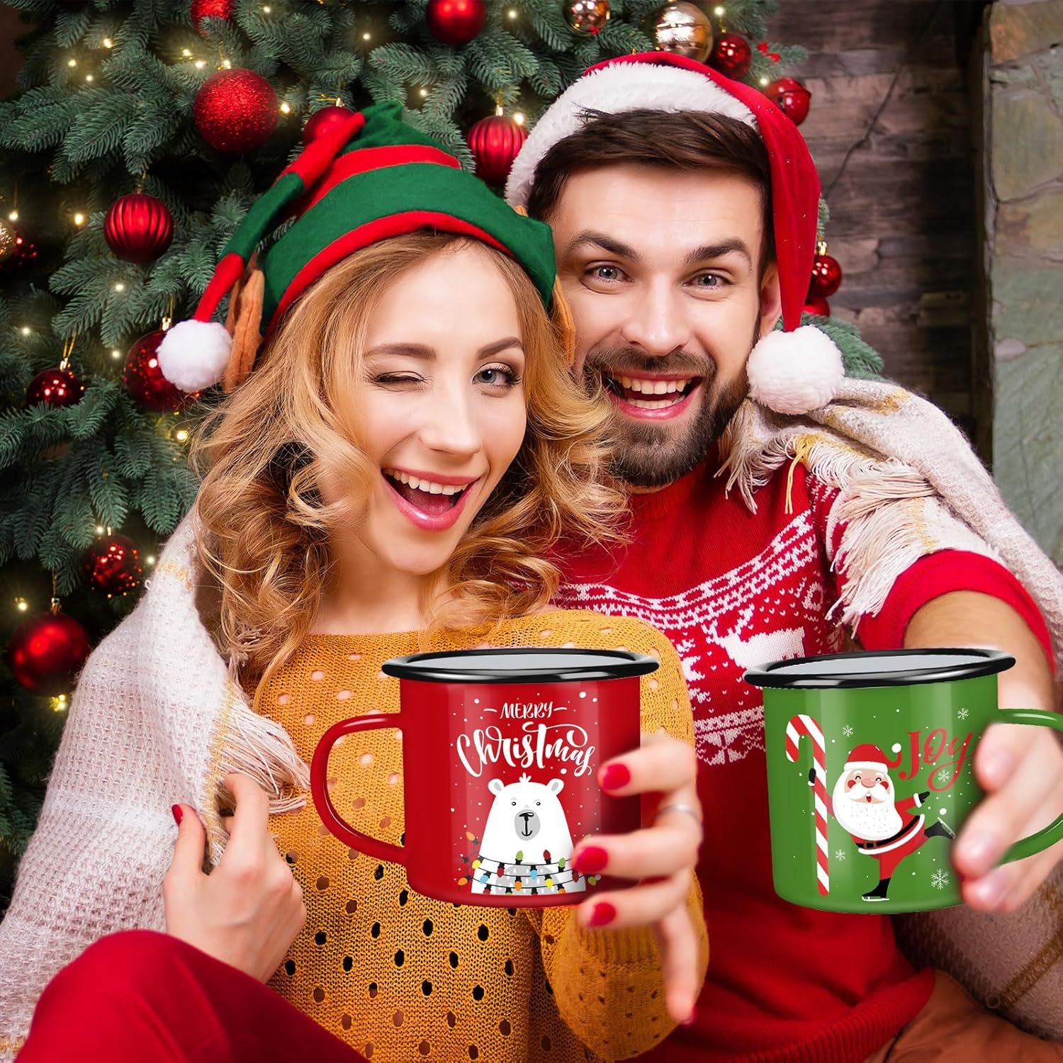 CHENGU Set of 12 Christmas Enamel Mug Bulk 12 oz Hot Chocolate Mugs Holiday Hot Cocoa Ceramic Mugs Merry Christmas Xmas Funny Coffee Cups Stocking Stuffer Gifts for Women Family Friends Coworkers