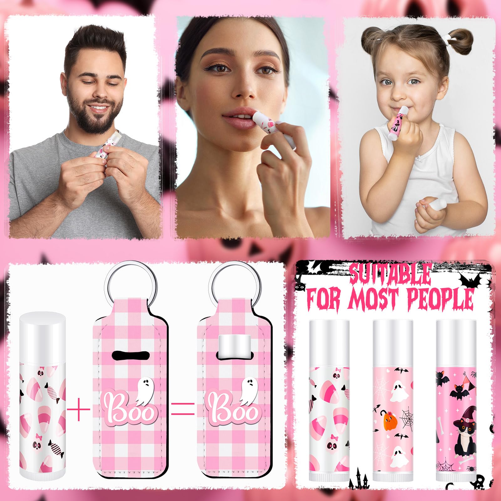 18 juegos de bálsamo labial natural a granel y soporte hidratante para lápiz labial, regalo para equipo, adolescentes, niñas, niños, suministros de fiesta deportiva (rosa Halloween)