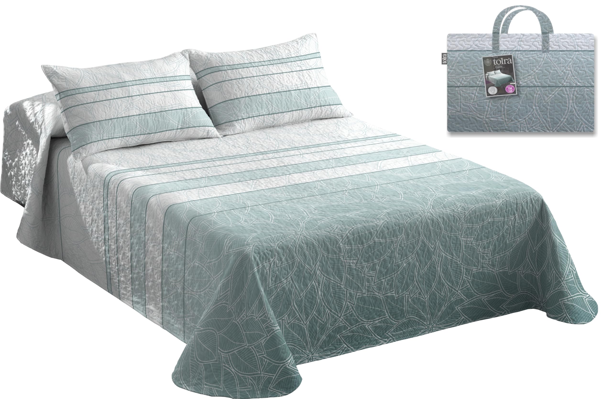 Tolrá - Colcha Cubrecama Bouti Estampada para Primavera y Verano | Incluye Funda de Cojín 50x70cm | 100% Microfibra Muy Suave (Anturio Aqua, Cama 150-160cm con 2 Fundas Cojín)