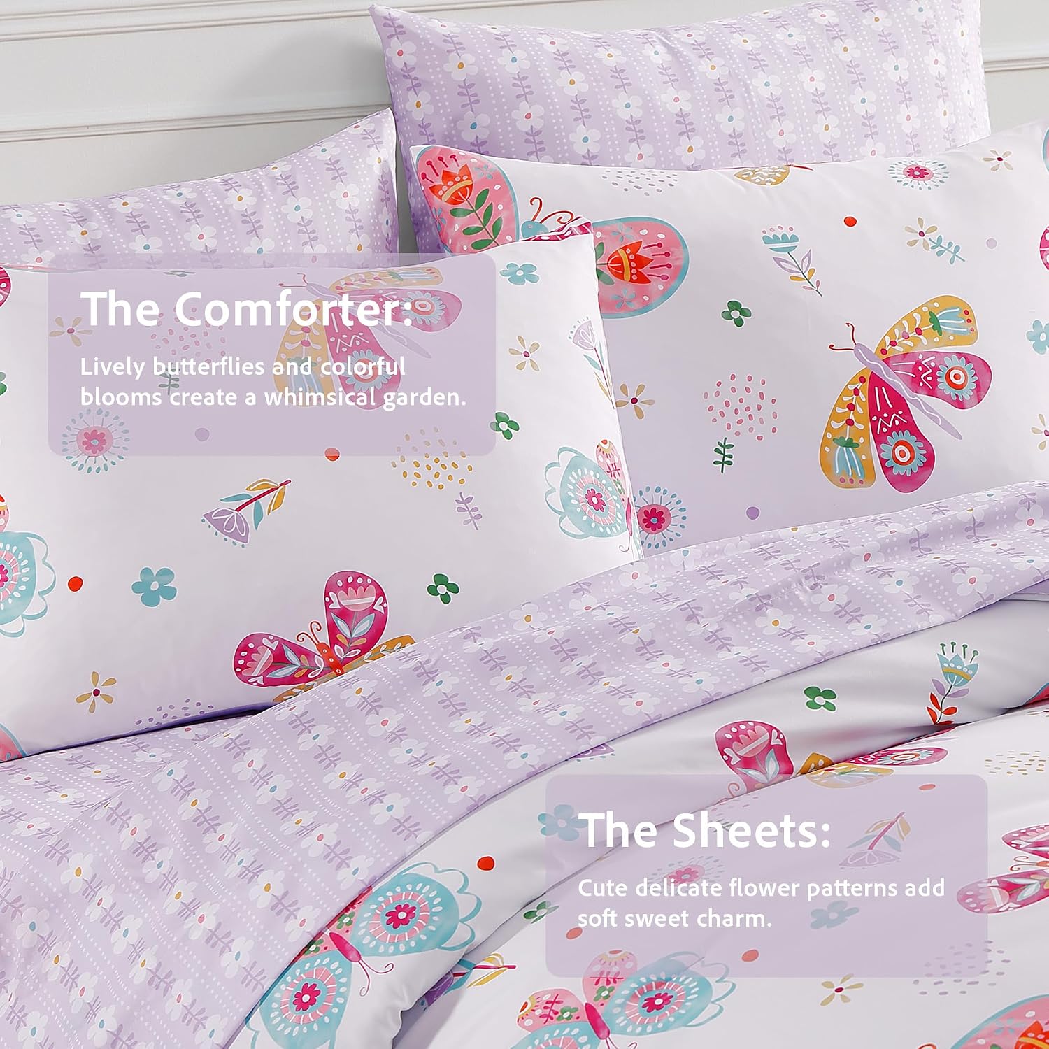 Twin Comforter Set for Girls - 5 Pieces Cute Butterfly Twin Bedding Set