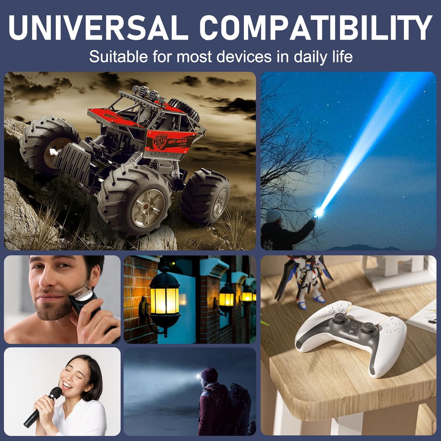 Collage of devices compatible with 18650 batteries, including a remote control car, flashlight, electric shaver, outdoor lantern, game controller, and headlamp