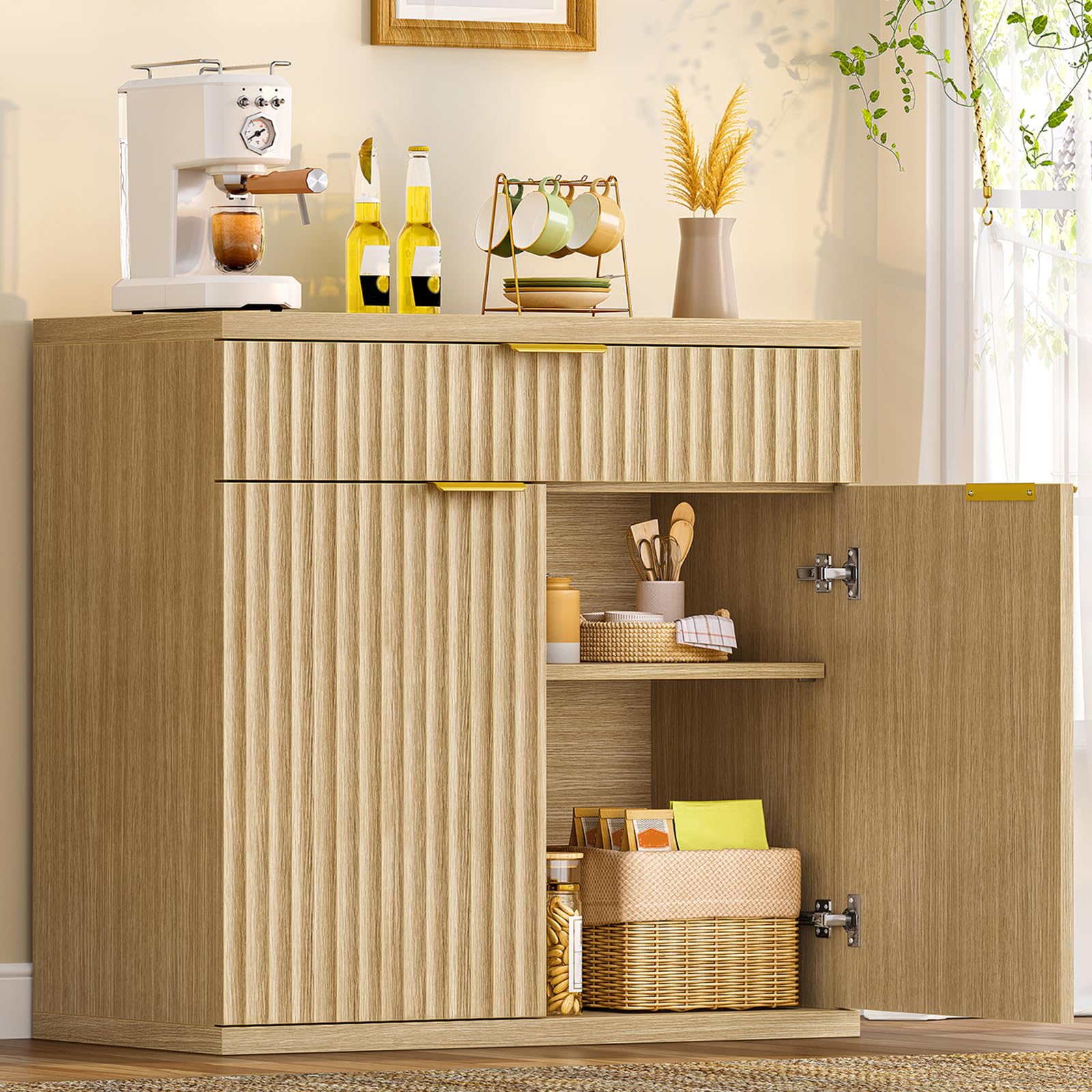 TEENFON 80 cm Sideboard mit Geriffelte Türen & Goldenen Griffen, Buffetschrank mit Arbeitsplatte, Küchenschrank mit Große Schublade & Verstellbaren Regal, für Wohnzimmer, Flur, 80 x 38 x 80 cm, Eiche