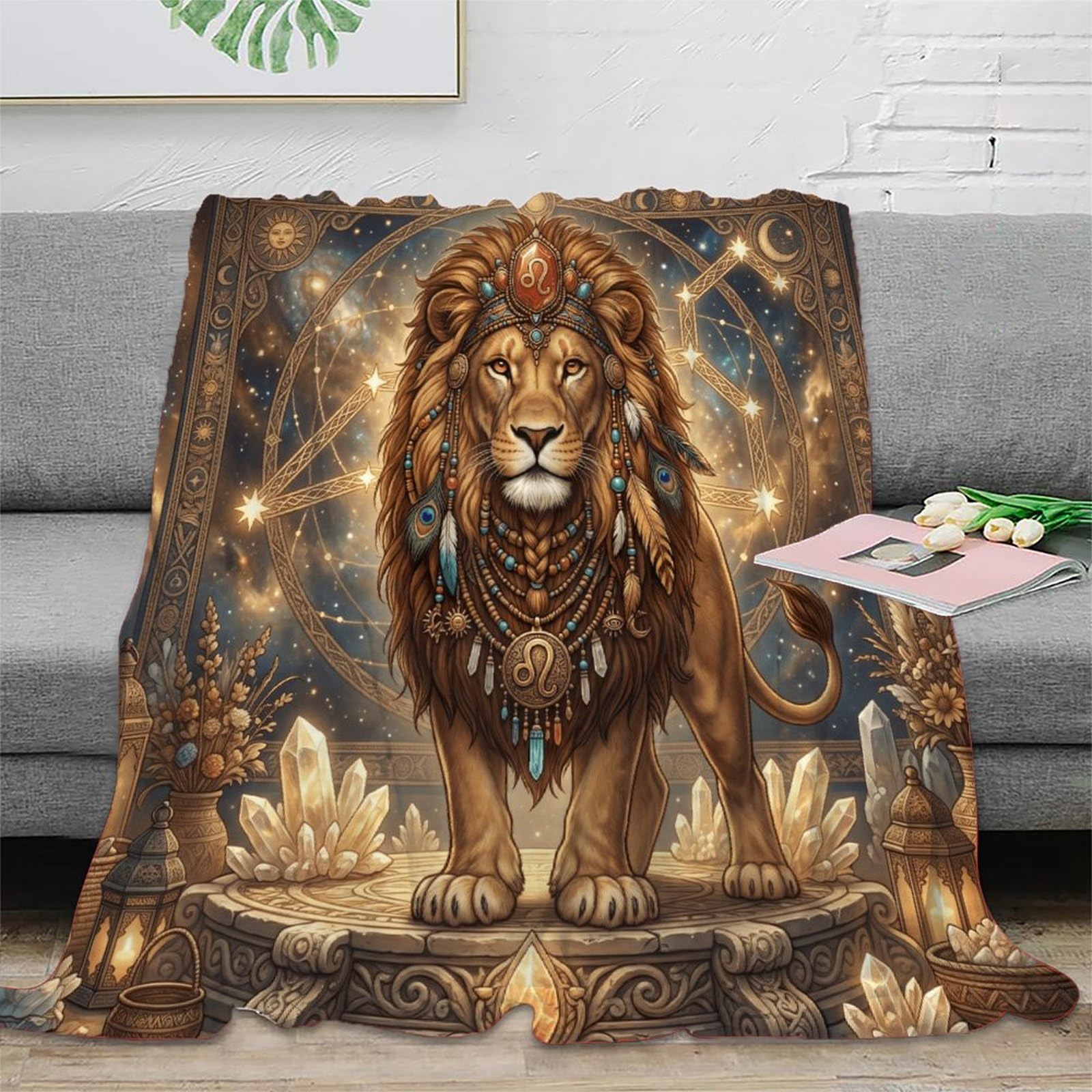 Leo Zodiac Bohemia Lion for Flannel Throw Blanket, Bedroom Nap Use