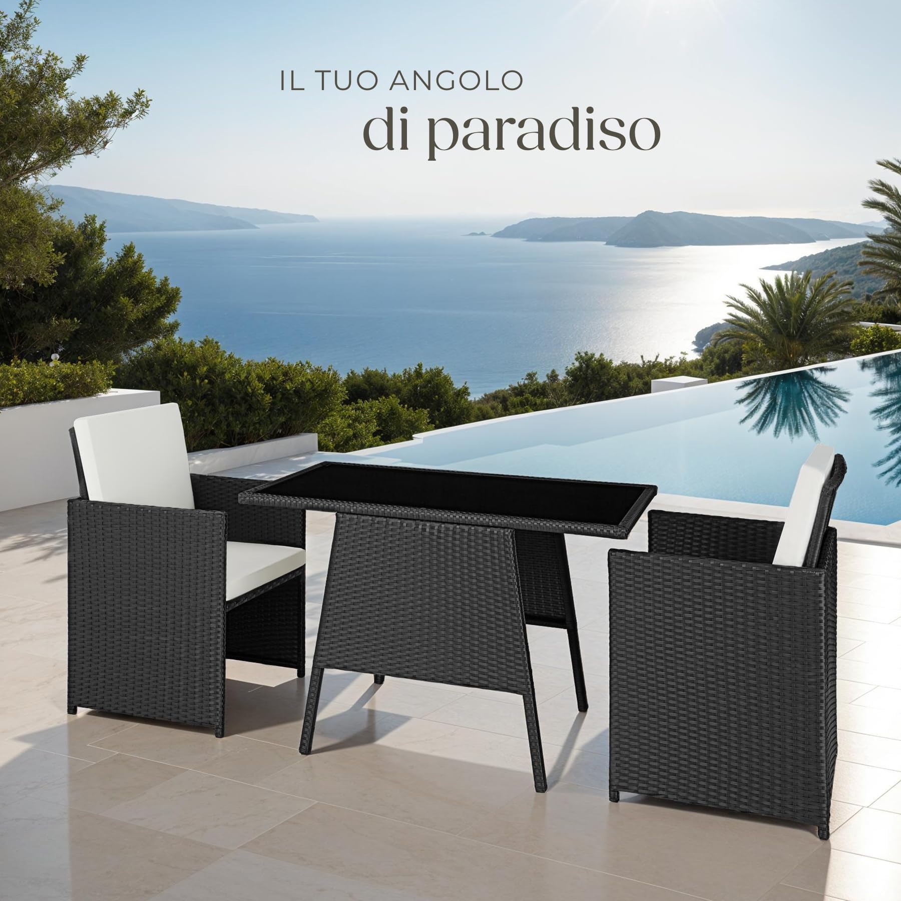tectake Salottino Rattan Losanna Set da Giardino 2 Poltrone 1 Tavolo Acciaio Vetro Nero