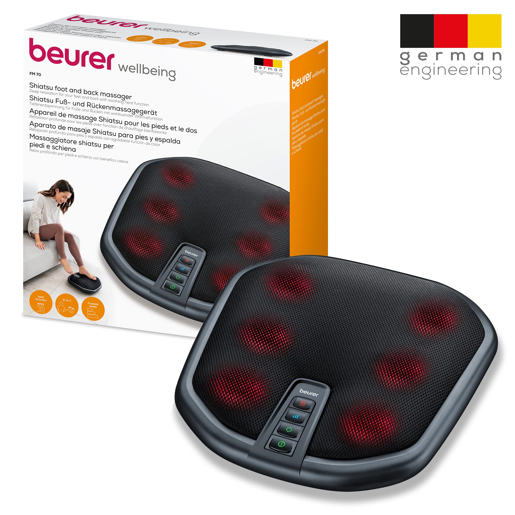 Beurer FM 70 Appareil de massage Shiatsu pour les pieds et le dos, massage bienfaisant avec fonction chaleur activable pour soulager les tensions, matériau agréable, avec arrêt automatique
