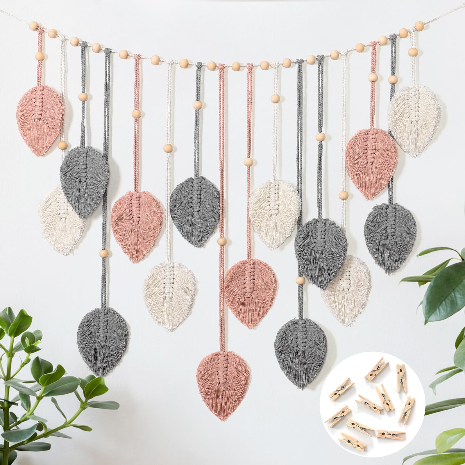 Betylifoy Macrame Wall Hanging Tapestry Large Boho Decorative Macrame Leaves Tapestry Woven Wall Hanging Decor for Bedroom Living Room Children's Room (Pink)