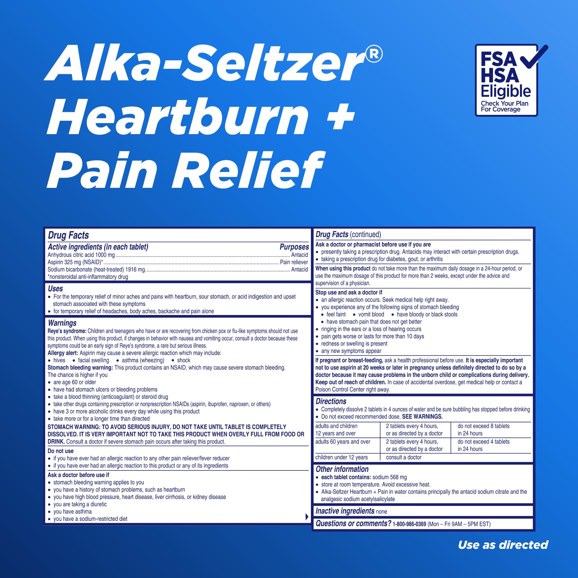 Alka-Seltzer Heartburn + Pain Effervescent Aspirin + Antacid Tablets, 72 ct — Amazon image 10