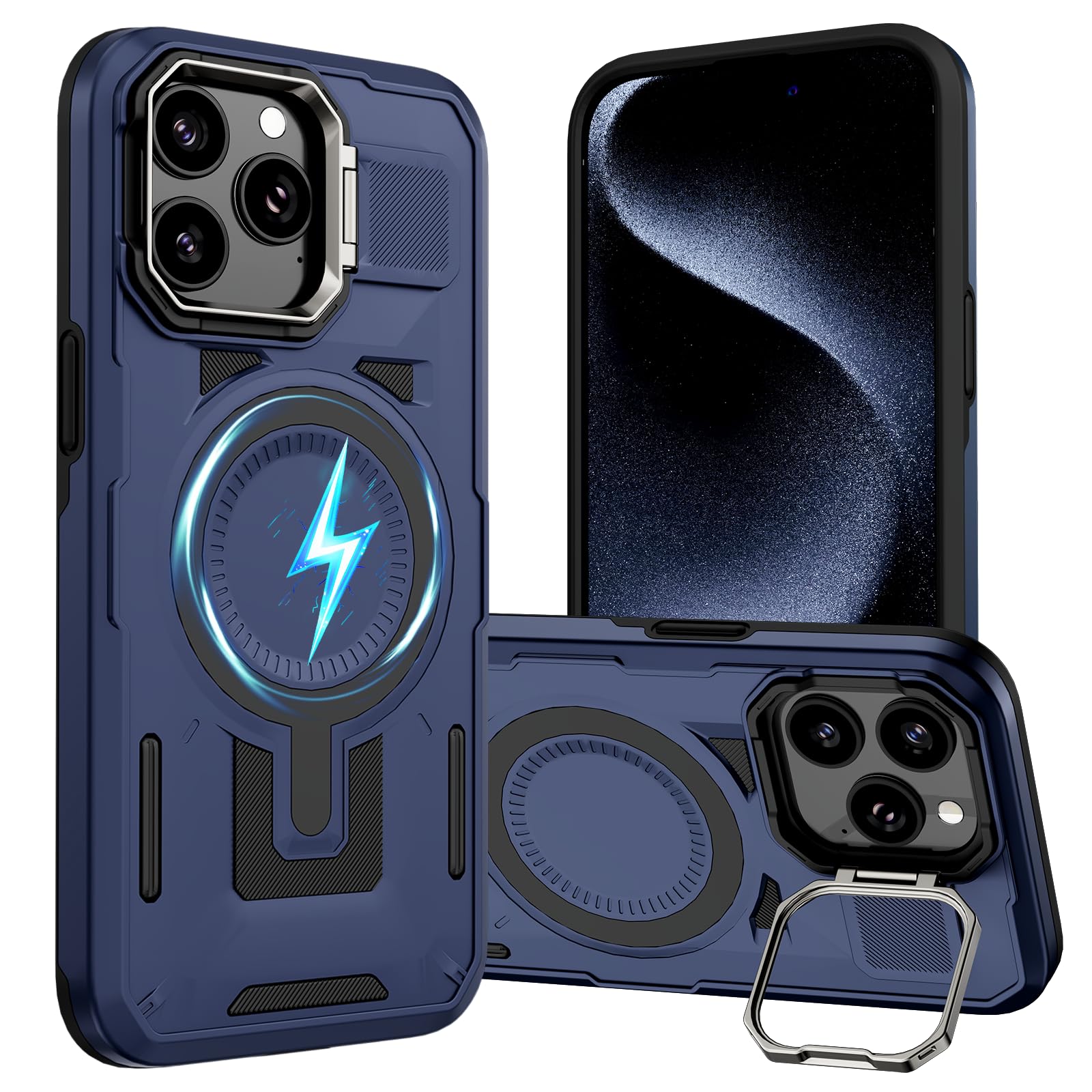 DIFAYA for iPhone 15 Pro Max Case Compatible with MagSafe, Built-in Camera Ring Stand, 23 FT Military-Grade Drop Protection Magnetic Cover for iPhone