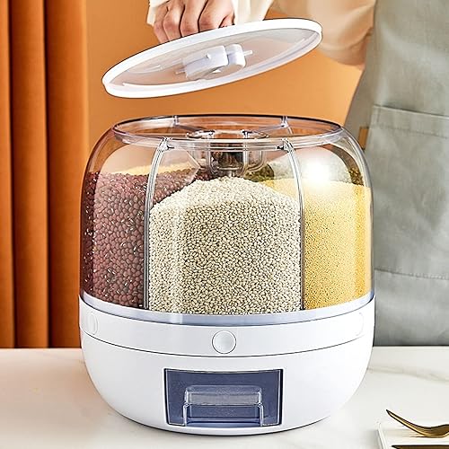 Miniatura 7 de Dispensador de arroz, dispensador de cereales giratorio 360, tanque de cereales de 6 rejillas, caja de almacenamiento redonda giratoria para granos