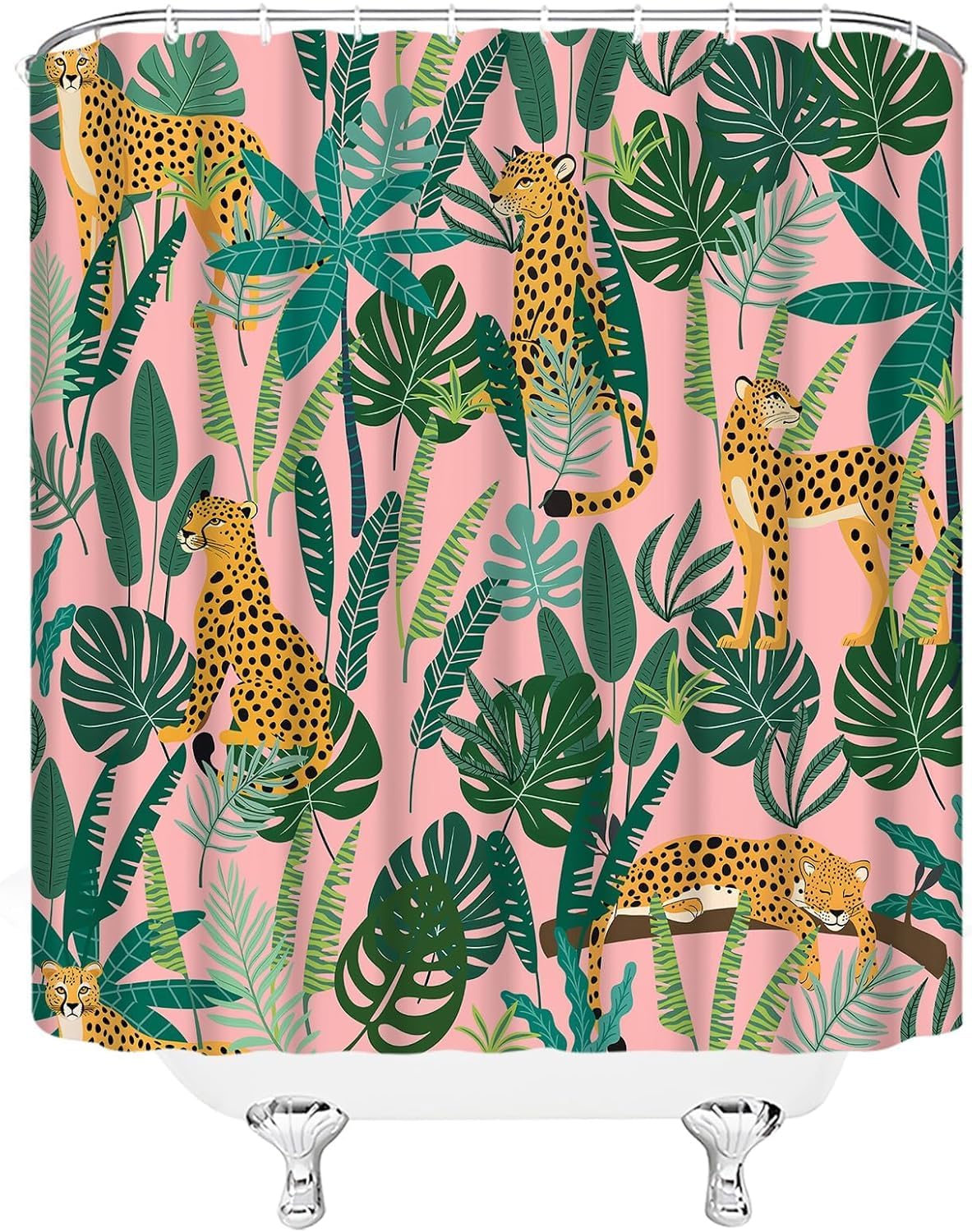 Sunhe Leopard Shower Curtain Asian Wildlife Animal Leopard Cheetah Tiger Green Topical Palm Leaf Topical Watercolor Modern 70" Wx96 H Bathroom Decor Curtain with Hooks