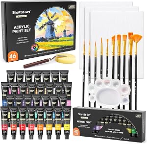 Shuttle Art 46 Pack Acrylic Paint Set, 30 Colors Acrylic Paint with 10 Paint Brushes 3 Painting Canvas 1 Paint Knife Palette Sponge, Complete Gift Set for Kids, Adults Painting Canvas, Wood, Ceramic