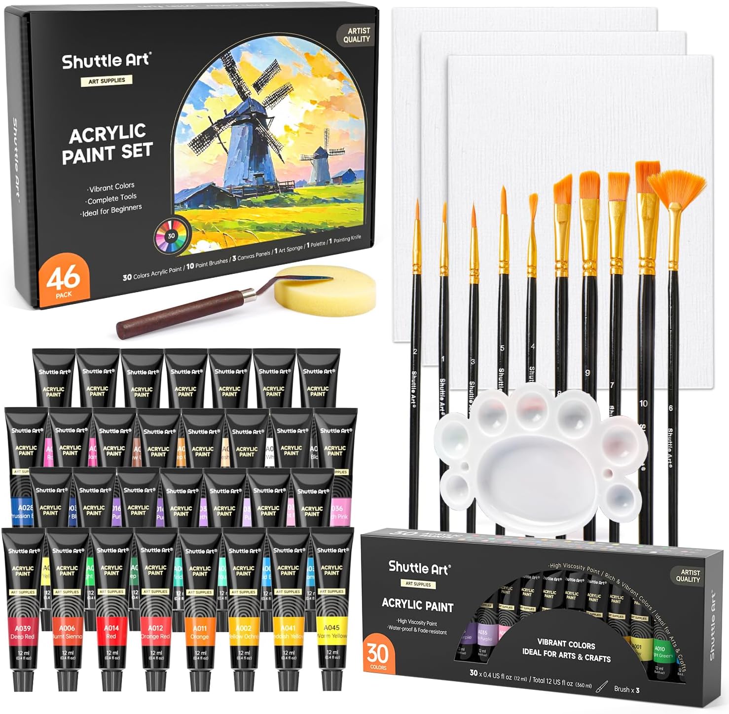 Shuttle Art 46 Pack Acrylic Paints Set, 30 Colours Acrylic Paint with 10 Brushes, 3 Blank Canvas,1 Palette, 1 Sponge, Complete Craft Paint for Canvas Wood Ceramic, Art Paints for Beginners Adults