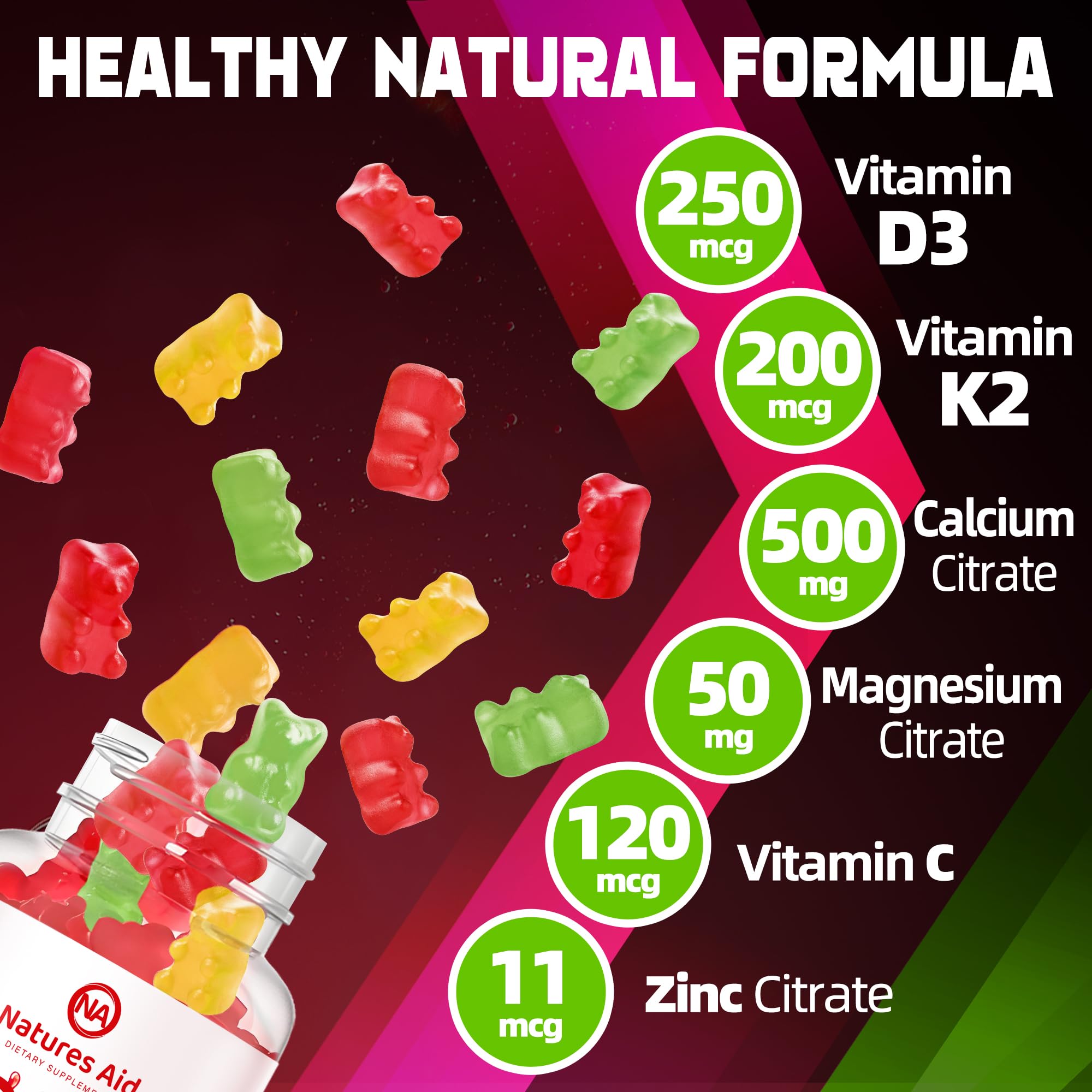 Natures aid Sugar-Free Vitamin D3 K2 Gummies with Calcium + K2 (MK-7), Magnesium Citrate, Vitamin C, Extra Strength - Ultimate Absorption for Bone Muscle Teeth Immune, Vegan - 120 Gummies — Amazon image 2