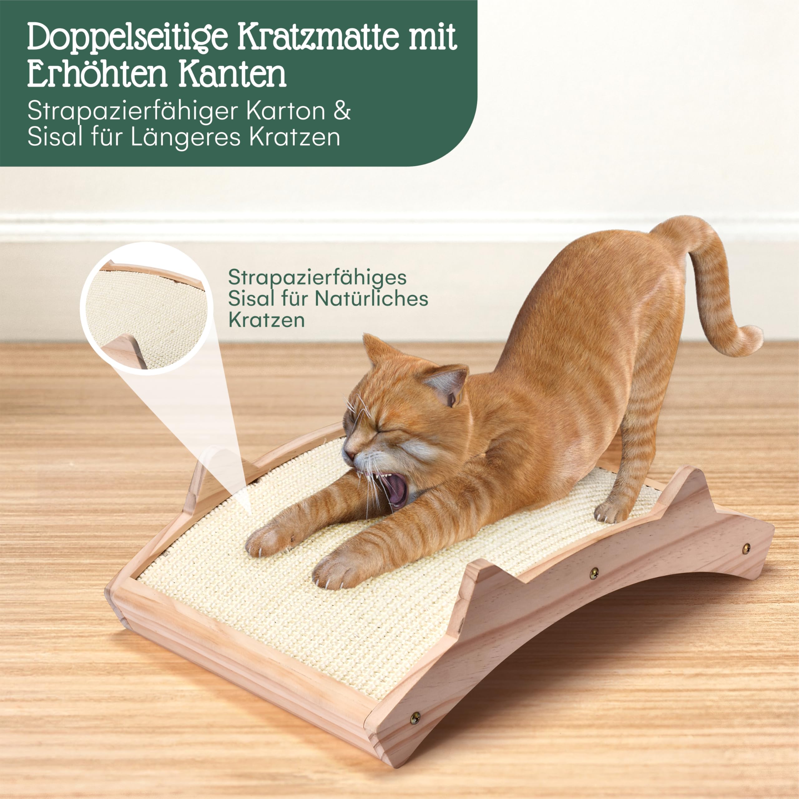 Pfotenolymp Katzenkratzbrett - Doppelseitig Haltbarer Katzen Kratzmatte - Holzstruktur Kratz Pads Katzenliege- Geflochtener Sisal + Teppichstoff Doppelseitige Katzenliege - 42 x 27.5 x 12cm