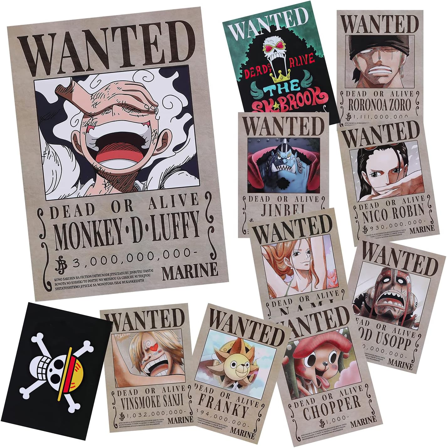 11 PCS Anime Nika Luffy 3 billion Wanted Bounty Paper Poster Straw Hat Pirates Crew Zoro Sanji Nami Usopp Chopper Robin Franky Brook Jinbei (11×8 in)