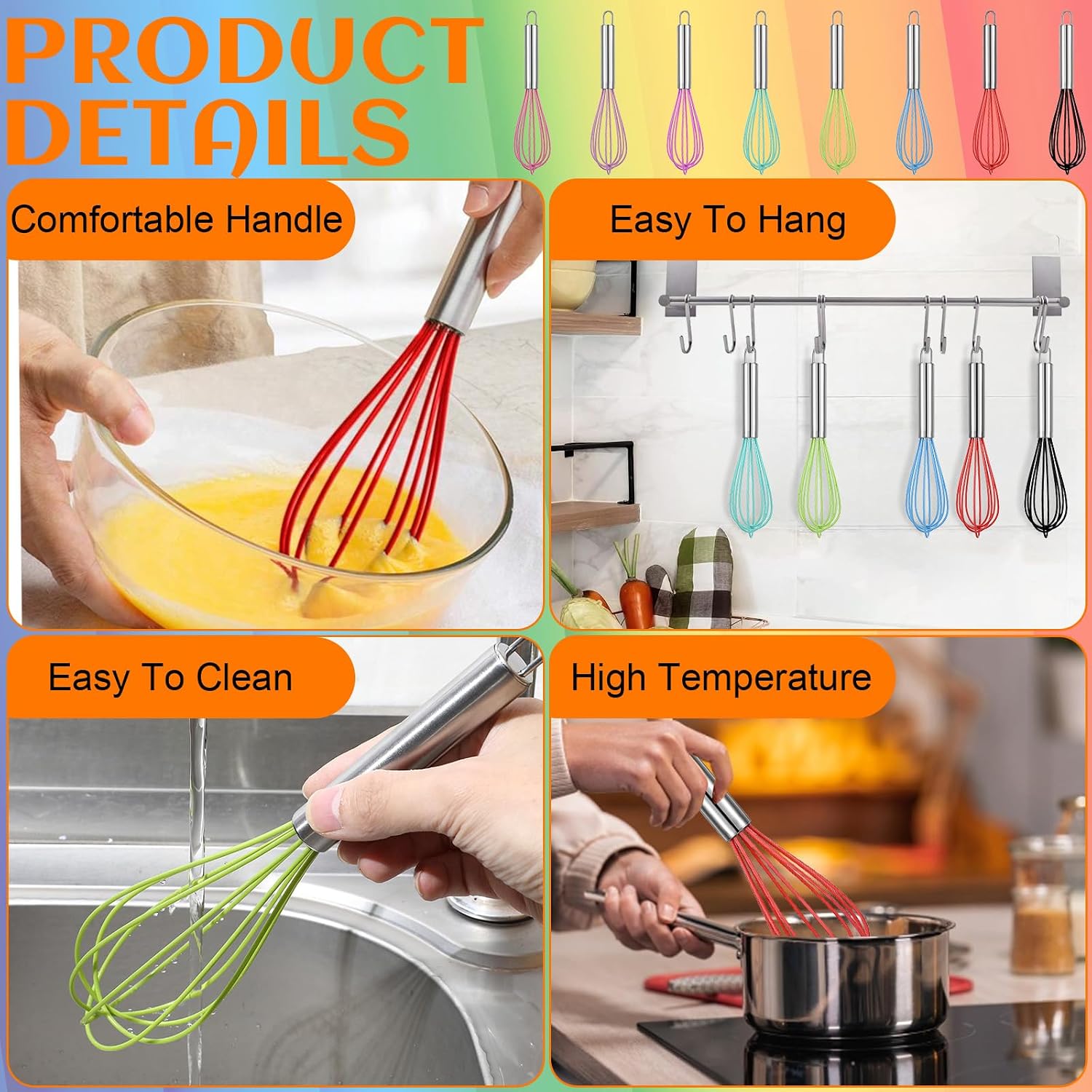 24 Pcs 8 Inch Whisks Bulk for Cooking, Silicone Whisks Non Scratch Stainless Steel Hand Whisk Large Coated Metal Heat Resistant Egg Beaters for Cooking
