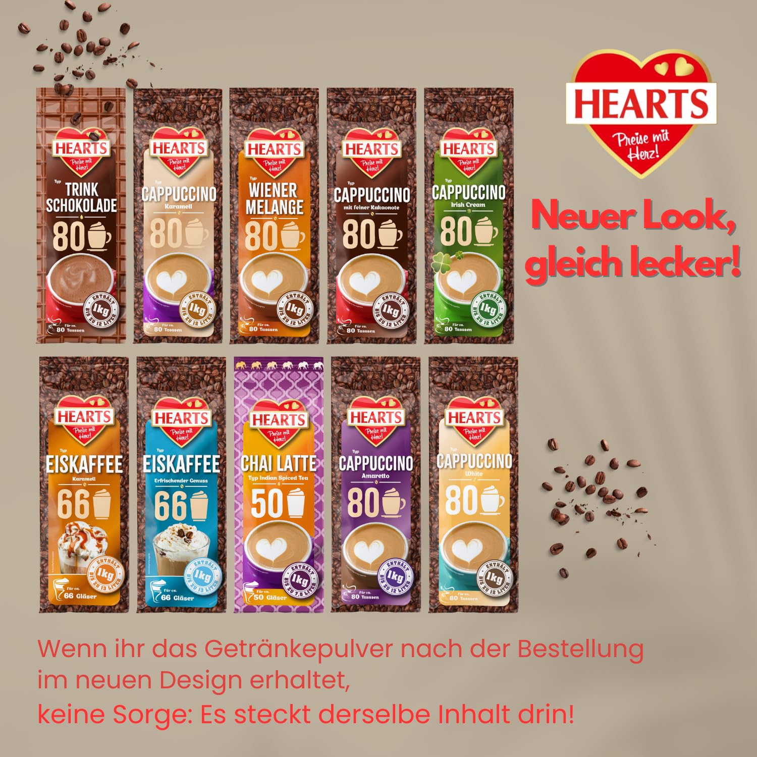 HEARTS Cappuccino Amaretto 10 x 1 kg – przyjemność w stylu włoskim, ok. 80 filiżanek/opakowanie, kawa rozpuszczalna w proszku – opakowanie magazynowe – aromatyczna i rozpuszczalna