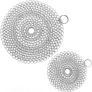 Cast Iron Skillet Cleaner Chainmail,2 Pack Premium Stainless Steel Chain Maille Scrubber for Cast Iron Pans,Stainless Steel,Glassware(7IN &5IN Round)
