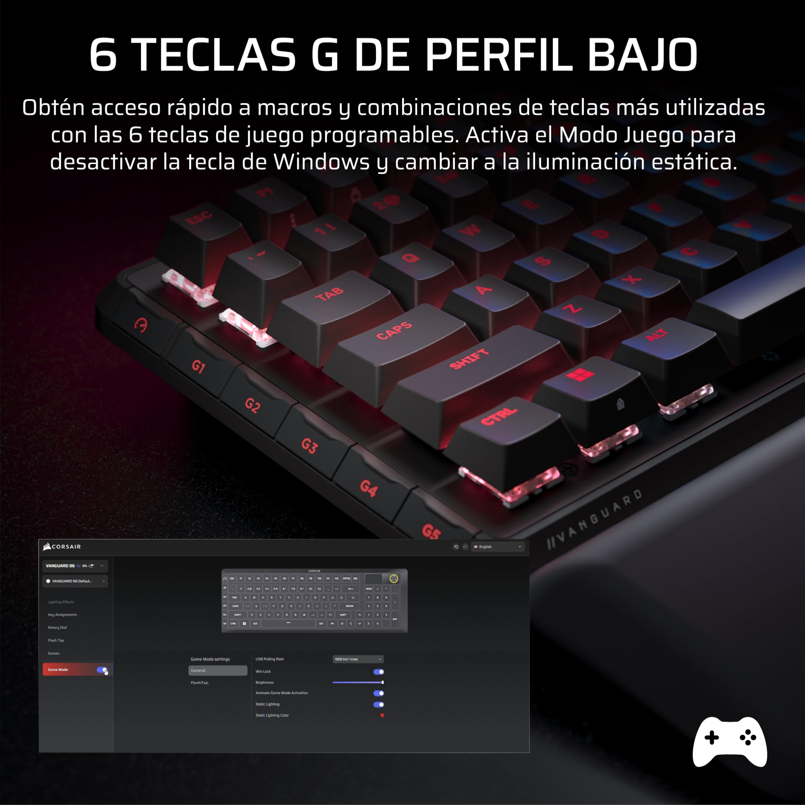 Corsair Vanguard Pro 96 Efecto Hall Teclado con Cable para Juegos - Negro | QWERTY ES, Formato 96%, MGX Hyperdrive Interruptores, 8 000 Hz, Rapid Trigger, Virtual Stream Deck, Flashtap SOCD