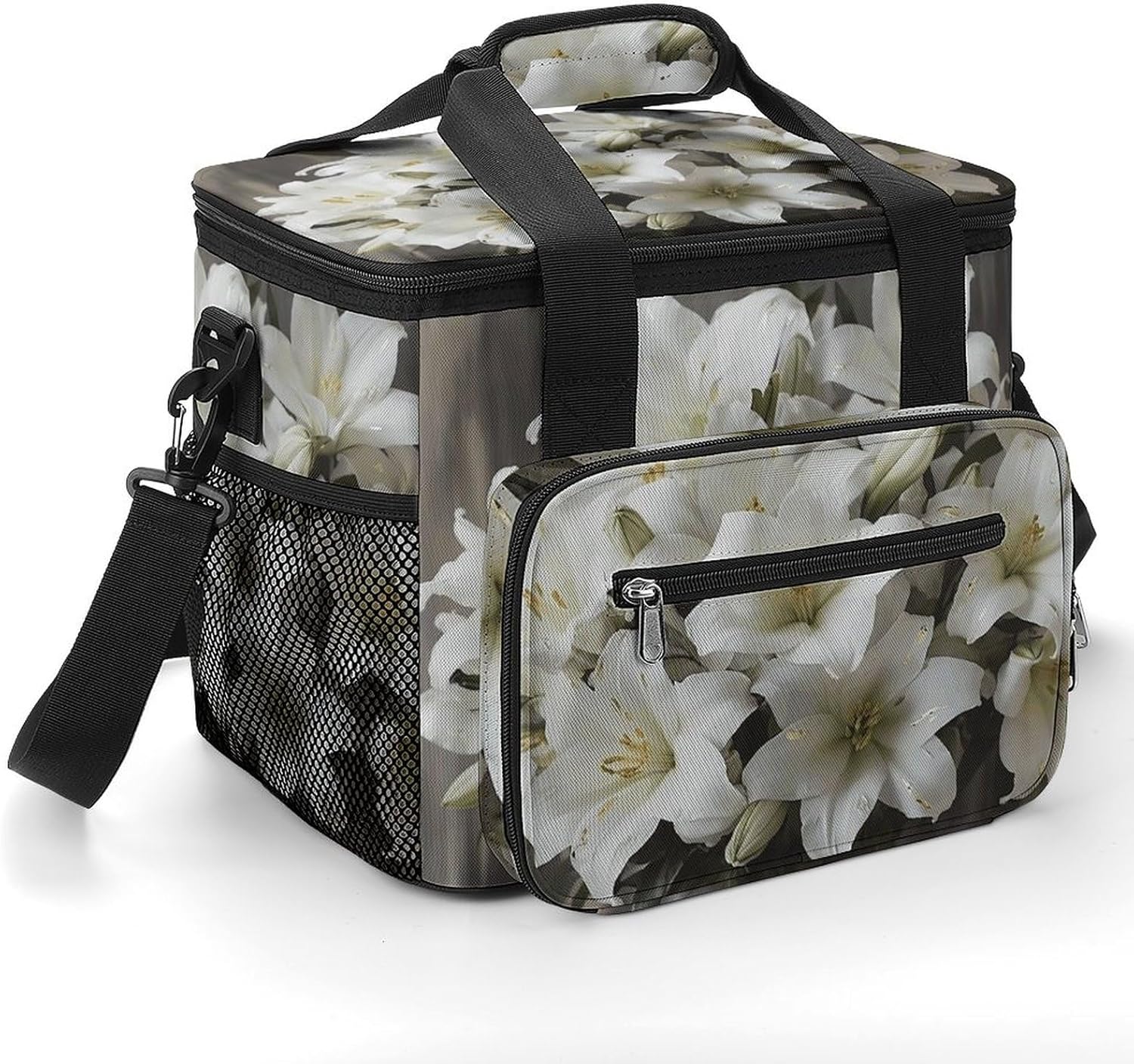Camping Ice Pack, White Lily Bouquet Print Cooler Bag, 22.5L Large Capacity Insulated Lunch Tote Bag for Outdoor, Picnic, BBQ, Travel, Work