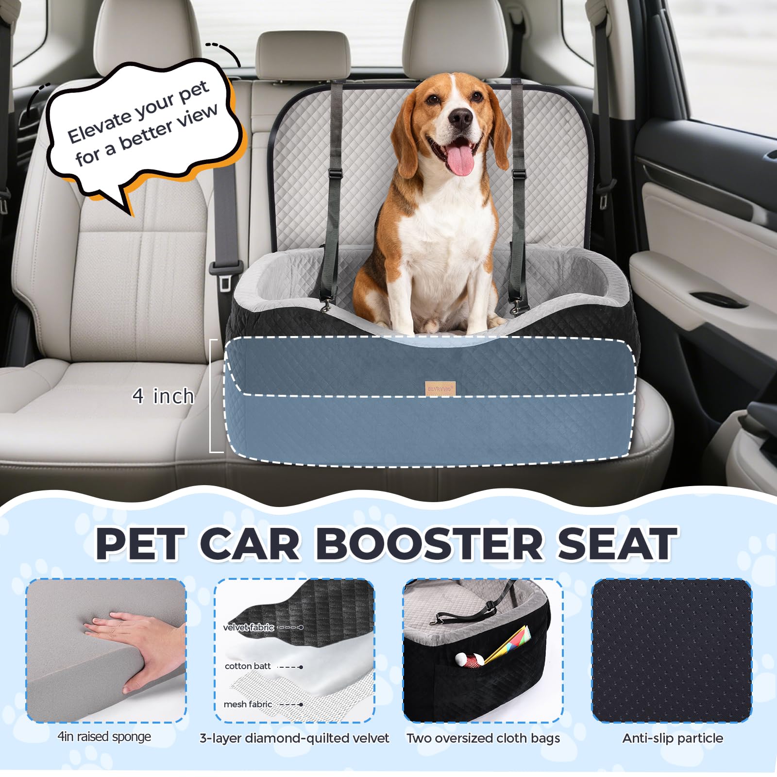 Asiento de coche para perros grandes de hasta 60 libras o 2 perros pequeños con espuma viscoelástica de 4 pulgadas, asiento trasero mediano para mascotas con cinturones de seguridad triples, correas