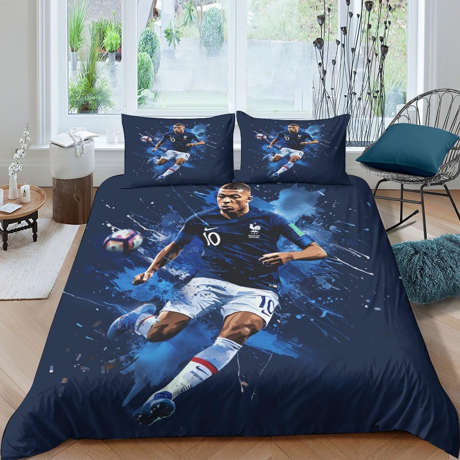 Kylian Mbappe Housse De Couettes 3D 3 Pièces Housse De Couette en Microfibre Couette Sets Fermeture Éclair Cachée pour Garçons Et Filles King（220x240cm）