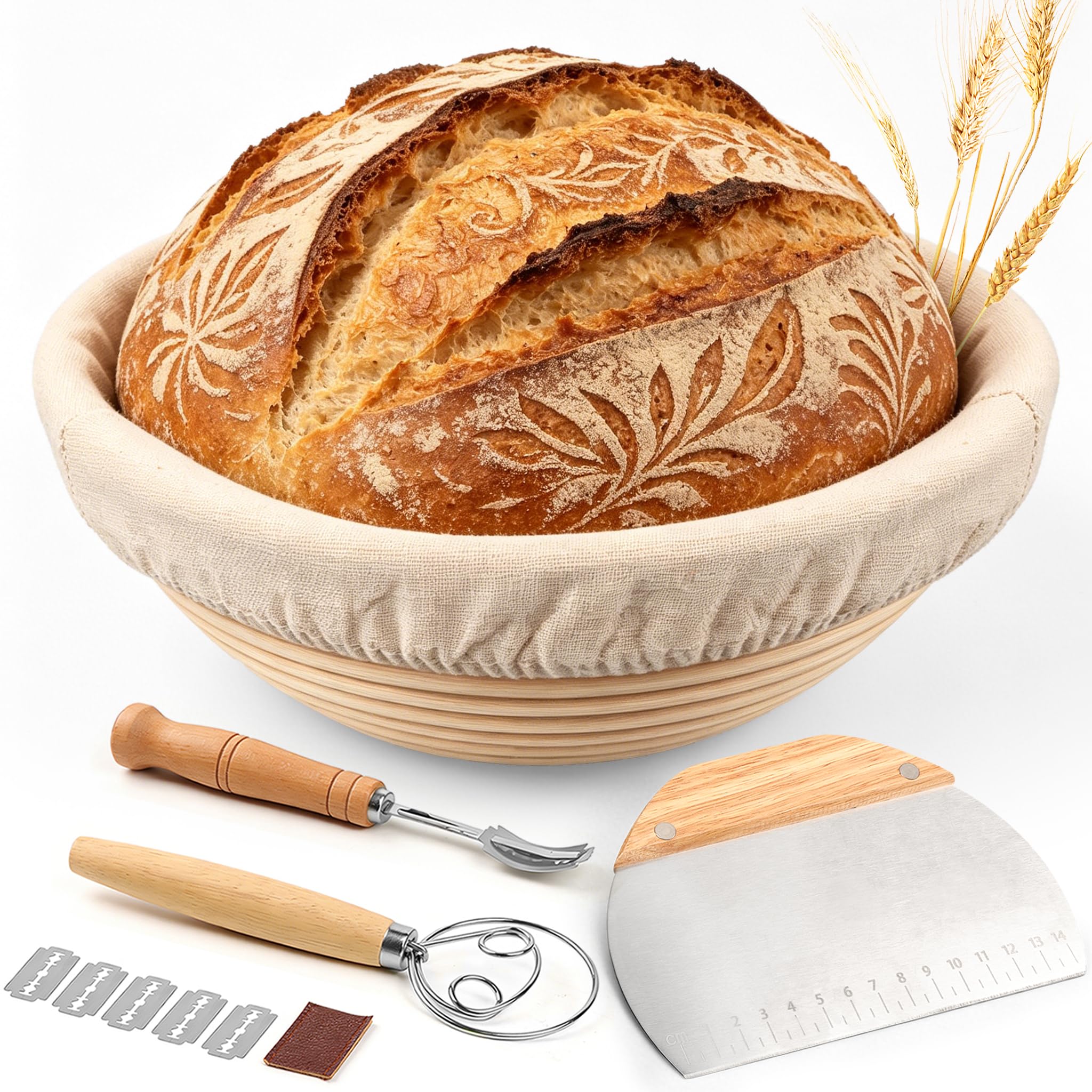 FIVAVA Gärkorb Brot Set, Gärkörbchen Rund 23cm,Brot Backen Zubehör Hochwertiges Rattan Mit Leinenbezug,Teigbesen,Bäckermesser,Teigbesen für Anfänger & Profibäcker,Brotgärkorb,Brotbacken